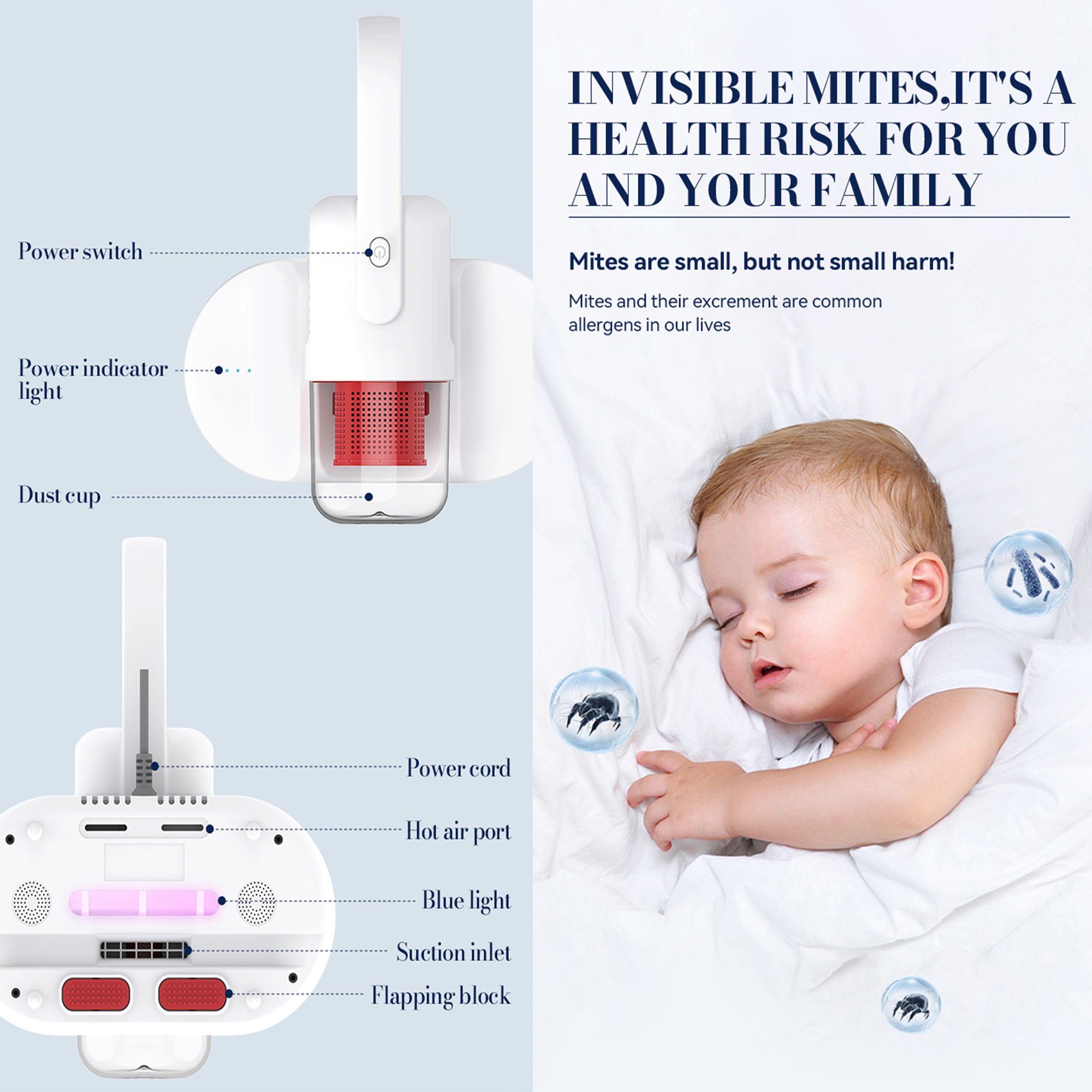 Mutoy Matratzenreinigungsgerät Matratzensauger, Milben Handstaubsauger,Handstaubsauger, Milbensauger, 400,00 W, UV-C Sterilisation,HEPA Filter,Für Allergiker, entfernt 99,9% Aller Milben,für Matratzen,Sofas und Betten