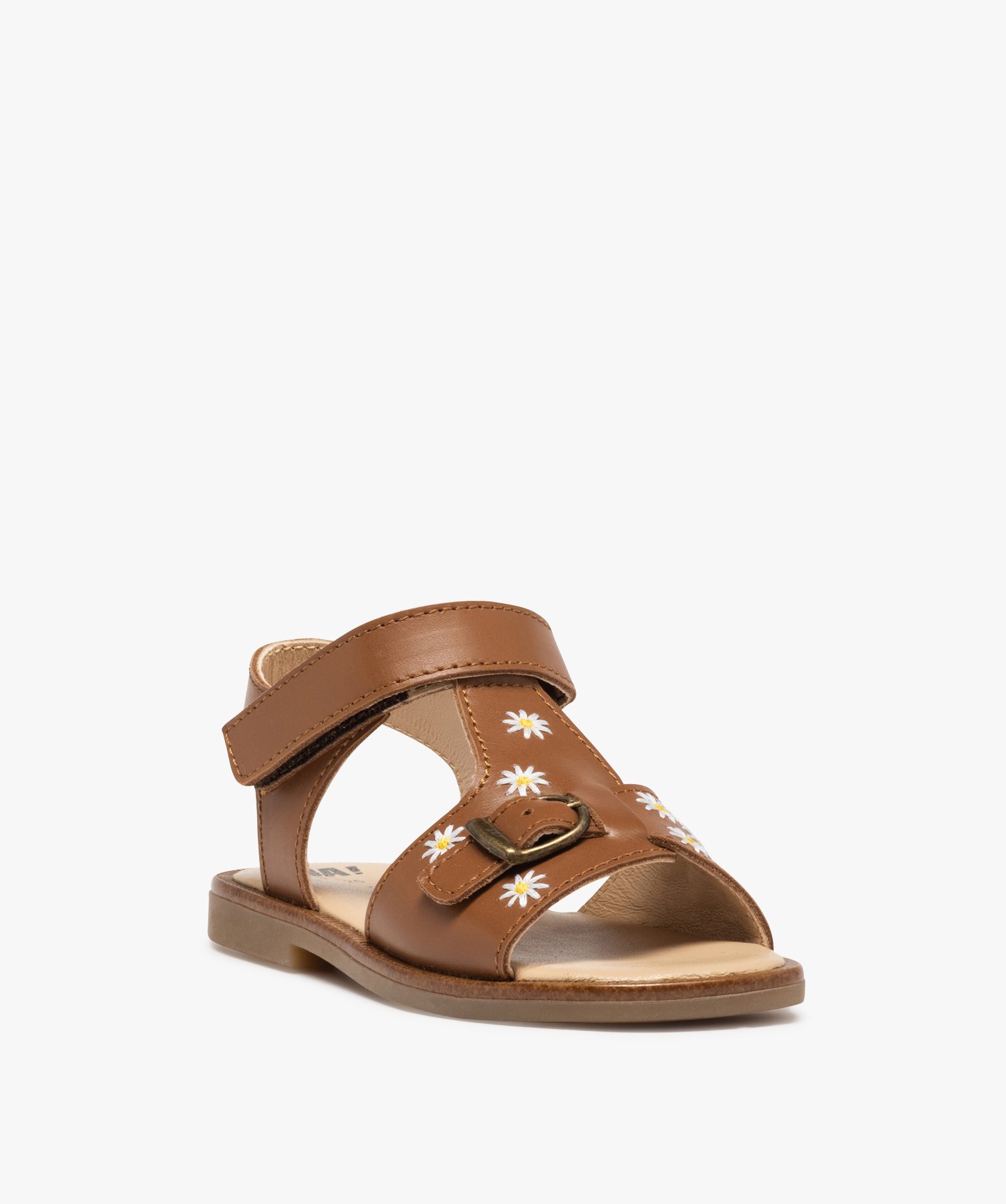 Sandales fille dessus cuir uni brodé fleurs – NA! camel | GEMO