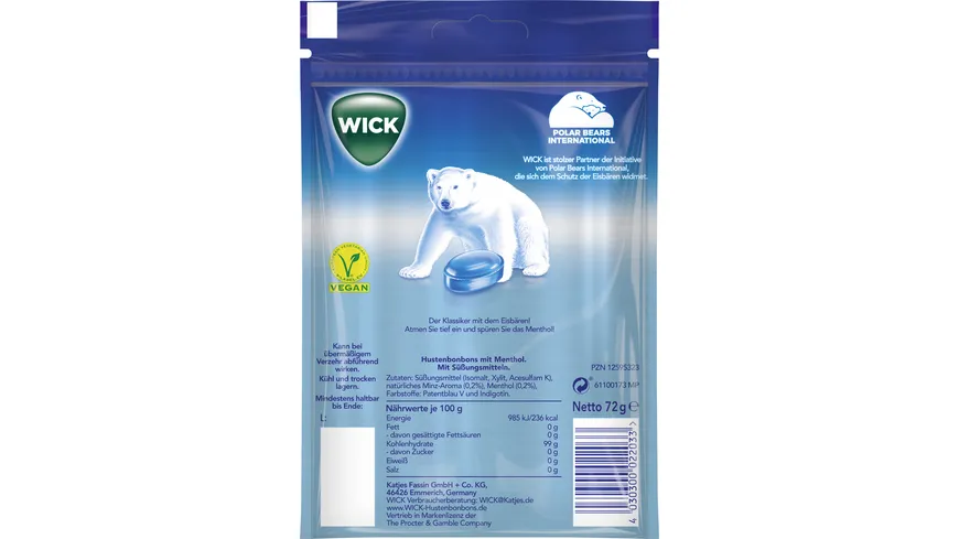 WICK Blau Bonbon ohne Zucker 72 g