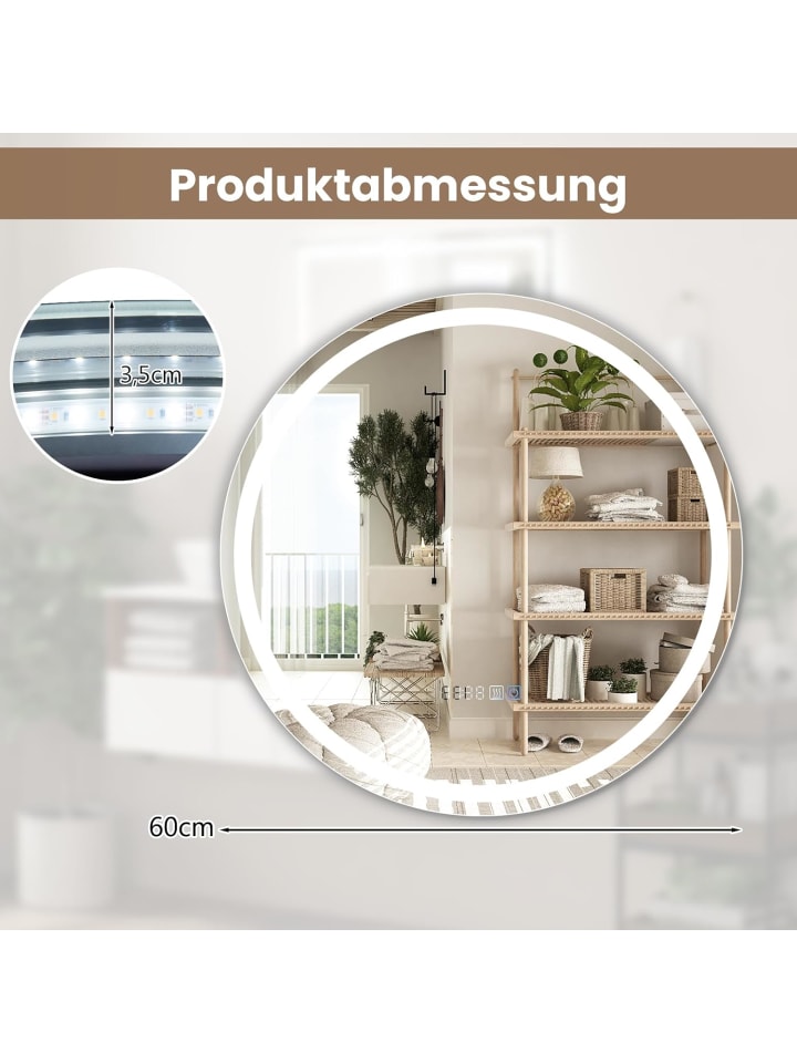 COSTWAY Badspiegel LED 3000-6000K mit Zeitanzeige & Speicherfunktion in Silber günstig kaufen onesize