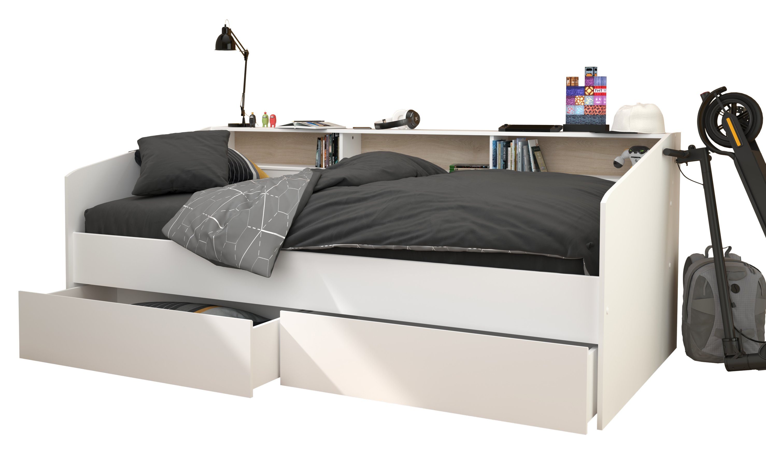 Parisot Jugendzimmer-Set Sleep, (Komplett Set, 1-St., in verschiedenen Zusammenstellungen wählbar), Rückwände drehbar - Weiss oder Eiche, inkl. Bettschubkästen