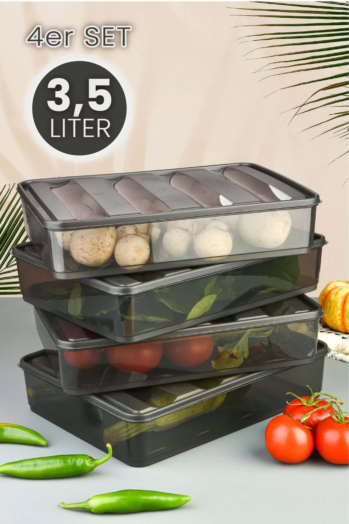 Viwares  4 Teilig Bella Kühlschrank Organizer 3,5 Liter Anthrazit Vorratsbehälter