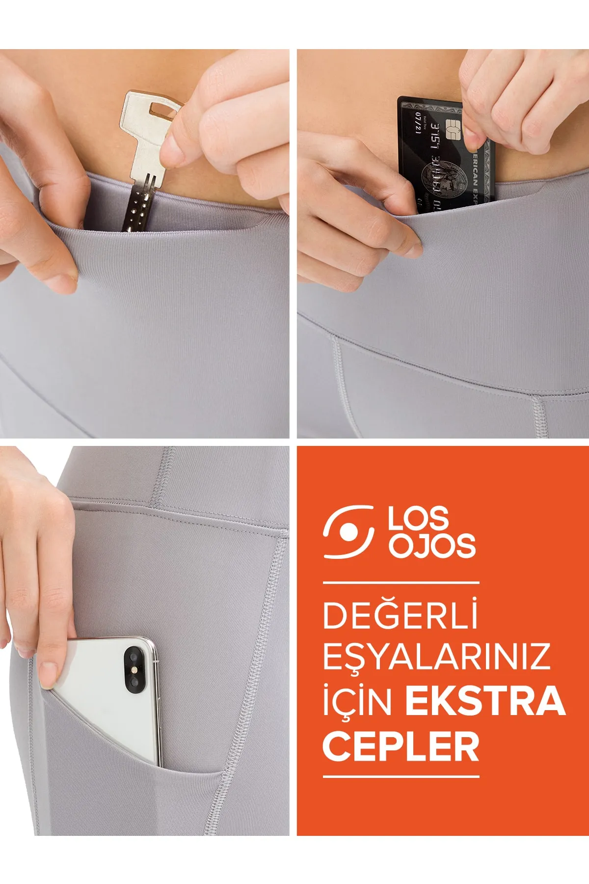 LOS OJOS  Graue, kompakte Sport-Leggings mit hoher Taille und doppelter Tasche für Damen