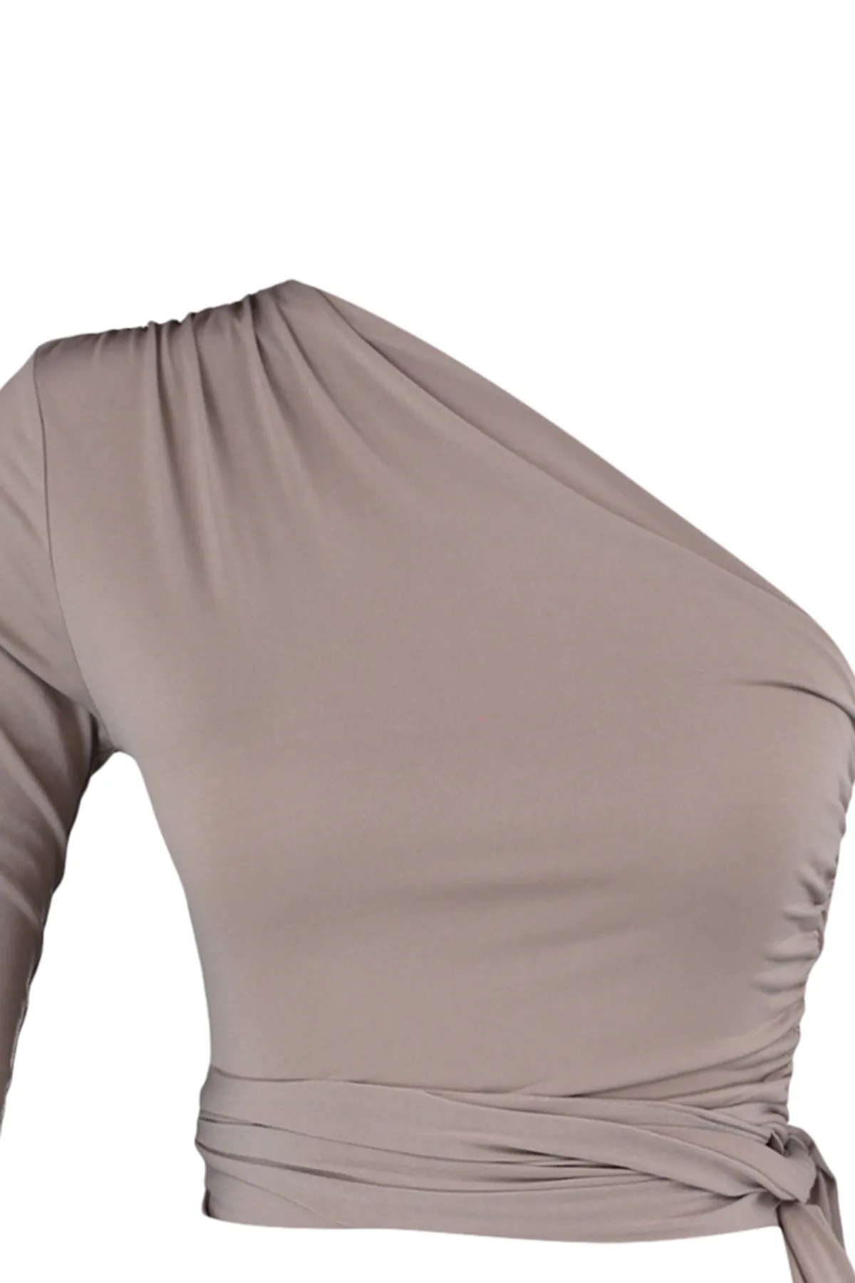 Trendyol Collection  Nerzfarbene, schmal geschnittene, detaillierte, einärmelige, bauchfreie, dehnbare Strickbluse TWOAW23BZ00094