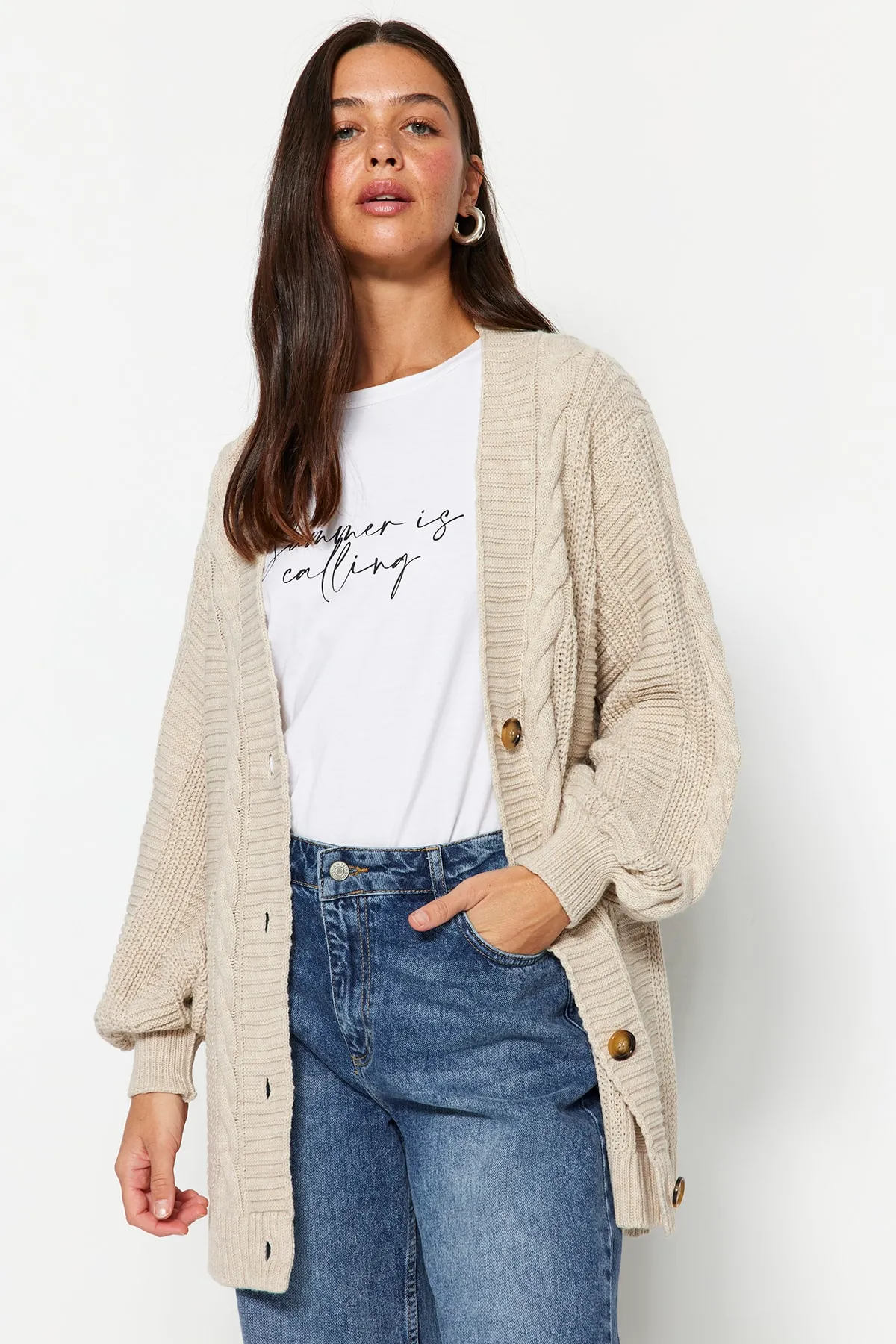 Trendyol Modest  Stone Hair Geflochtene Strickjacke mit lockerem Schnitt TCTAW22TH0002