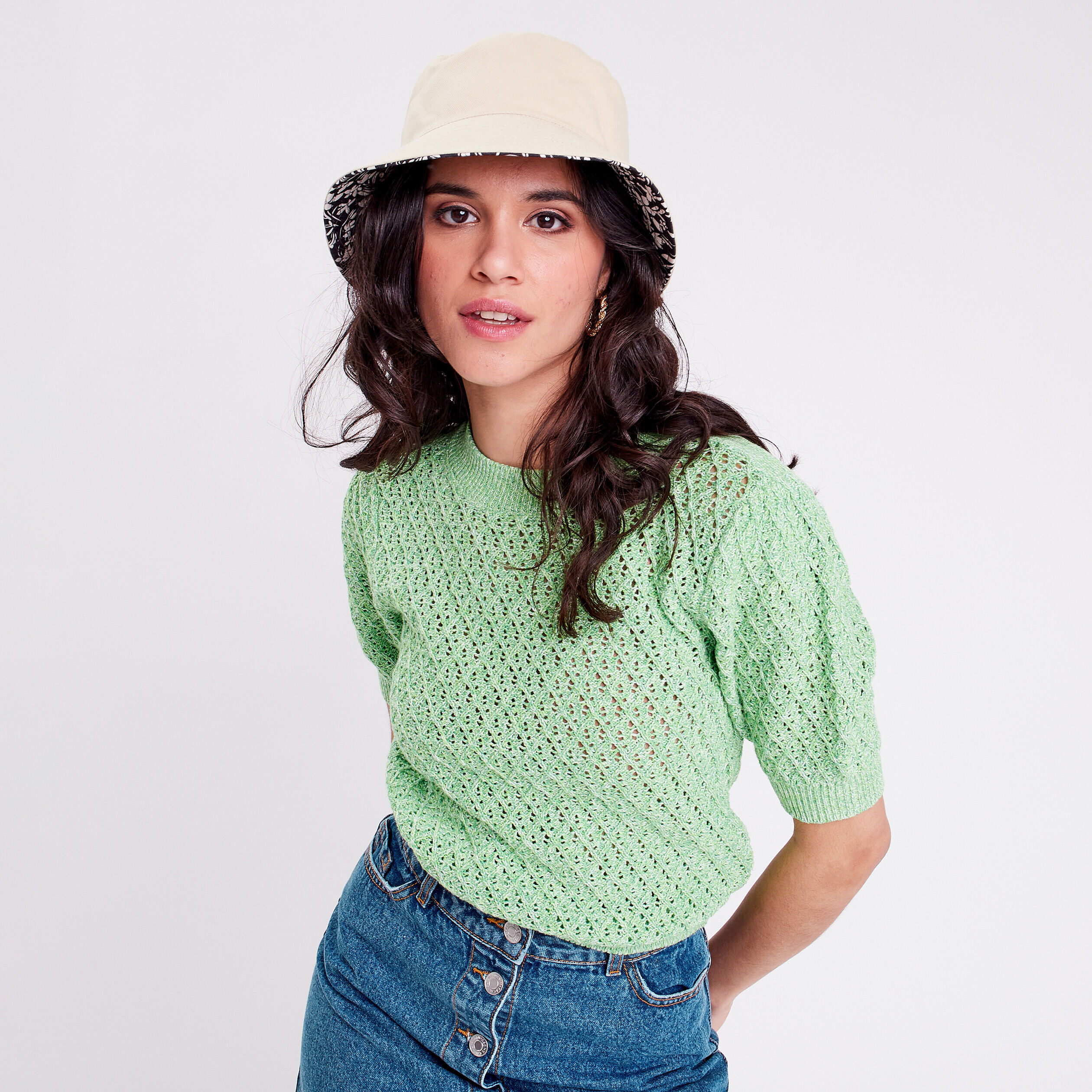 Pull manches courtes ajouré vert clair femme | Cache Cache