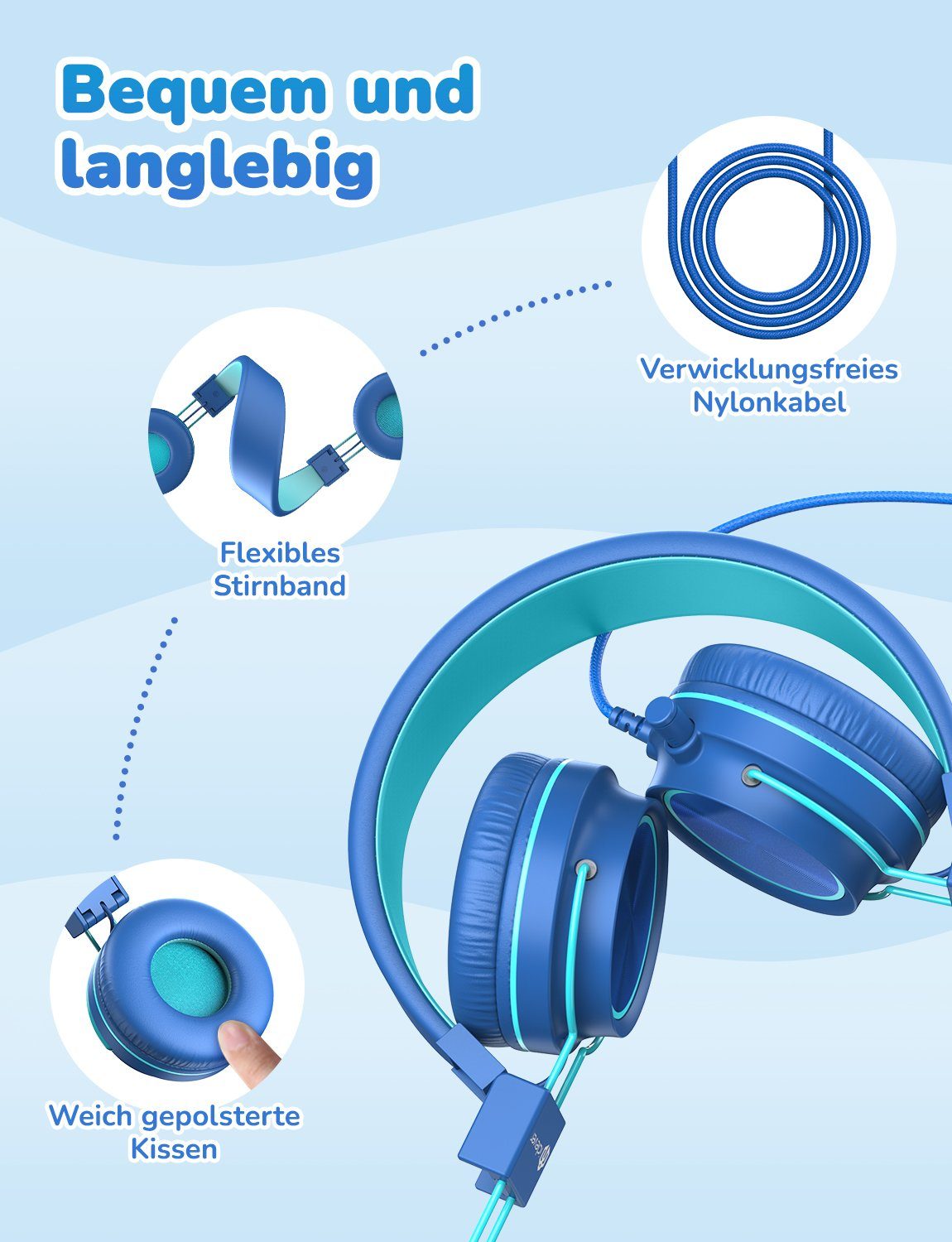 iclever IC-HS21 Bluetooth Kinder Kopfhörer 360° Drehbar mit 95dB Volume Limit On-Ear-Kopfhörer (Mit Mikrofon, Verdrahtet)