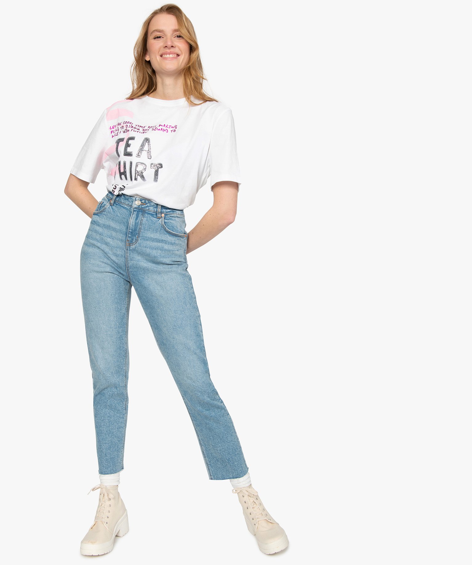 Tee-shirt femme ample à motif brillant blanc | GEMO