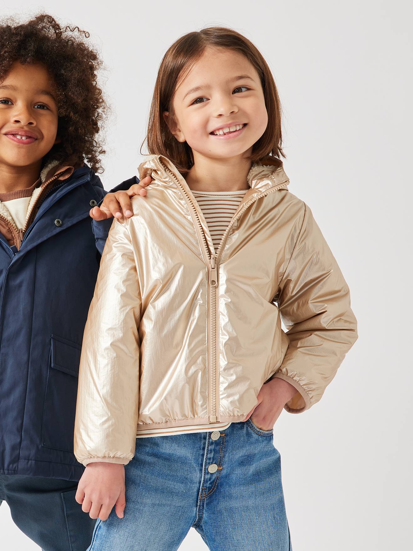 Parka à capuche 3 en 1 fille avec doudoune brillante doublée sherpa camel