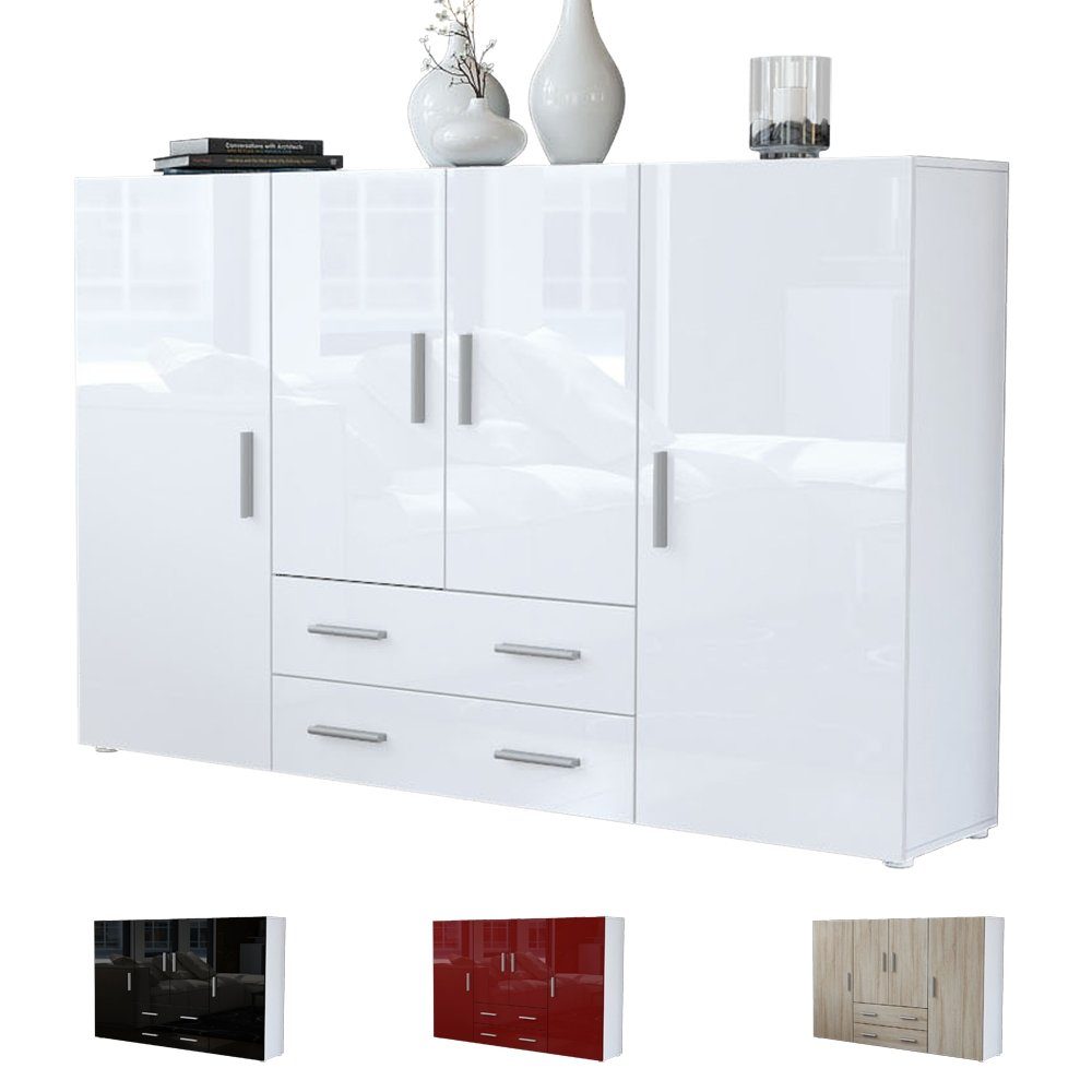 Vladon Highboard Nora (Anrichte mit 2 Schubladen, und 4 Türen mit insgesamt 8 Fächer dahinter), Weiß matt/Weiß matt (166,5 x 106,5 x 35 cm)