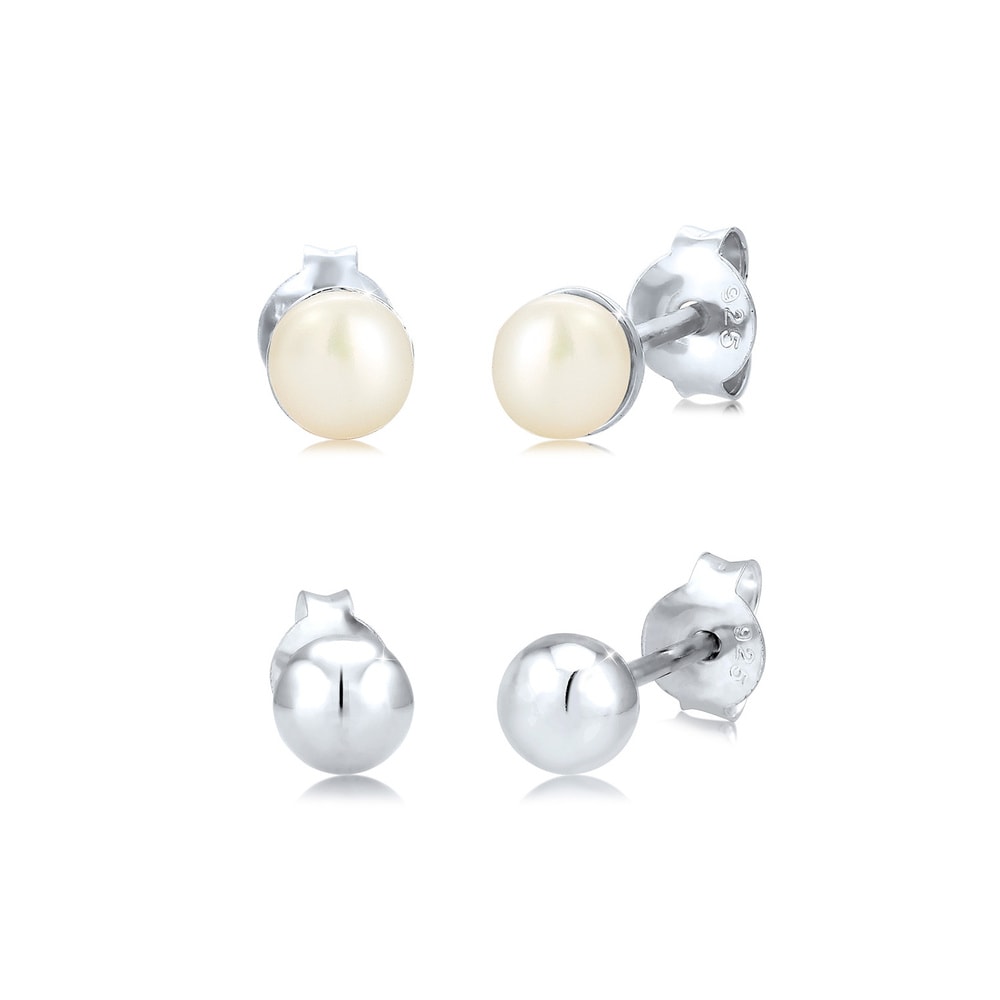 Elli Elli Boucles d'Oreilles Set avec Perle d'Eau Douce Basic Clous d'Oreille Femme -  Boucles d'oreilles