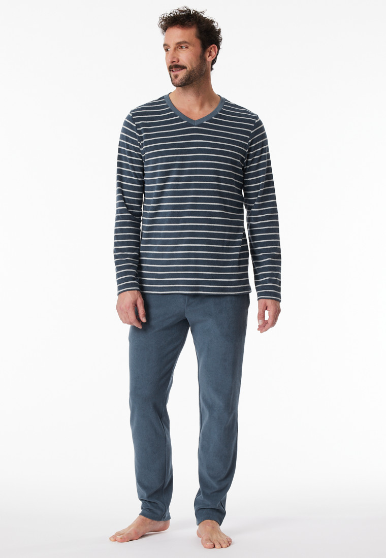Schlafanzug lang Frottee Streifen jeansblau - Casual Nightwear
