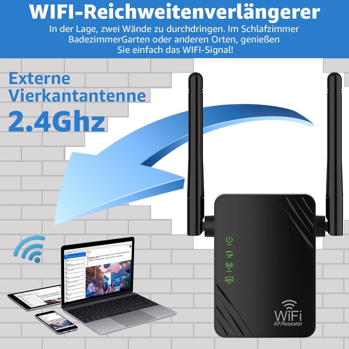 MULISOFT WLAN Verstärker, 300Mbit/s, 2.4G Internet Repeater mit LAN Anschluss WLAN-Repeater, WLAN-System Abdeckung: bis zu 100QM, 2 Ports, WPS Funktion Willigt IEEE802.11b/g/n