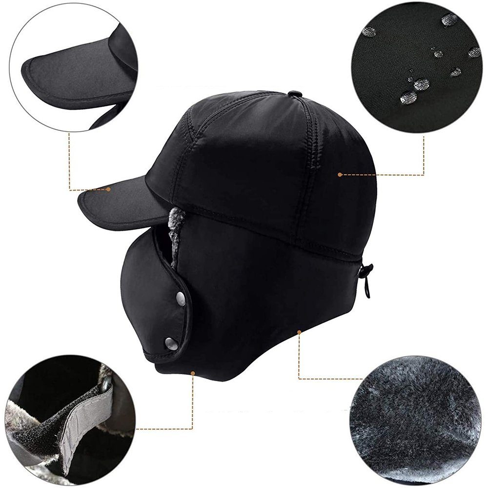 Bedee Skimütze Winddicht Warm Wintermütze mit Ohrenklappen Fliegermützen für Herren (Schwarz Wintermütze, 1-St., Herren Winter Schirmmütze Mütze Fahrrad Mütze) Herren Winter Cap für Skaten Snowboarden Radfahren