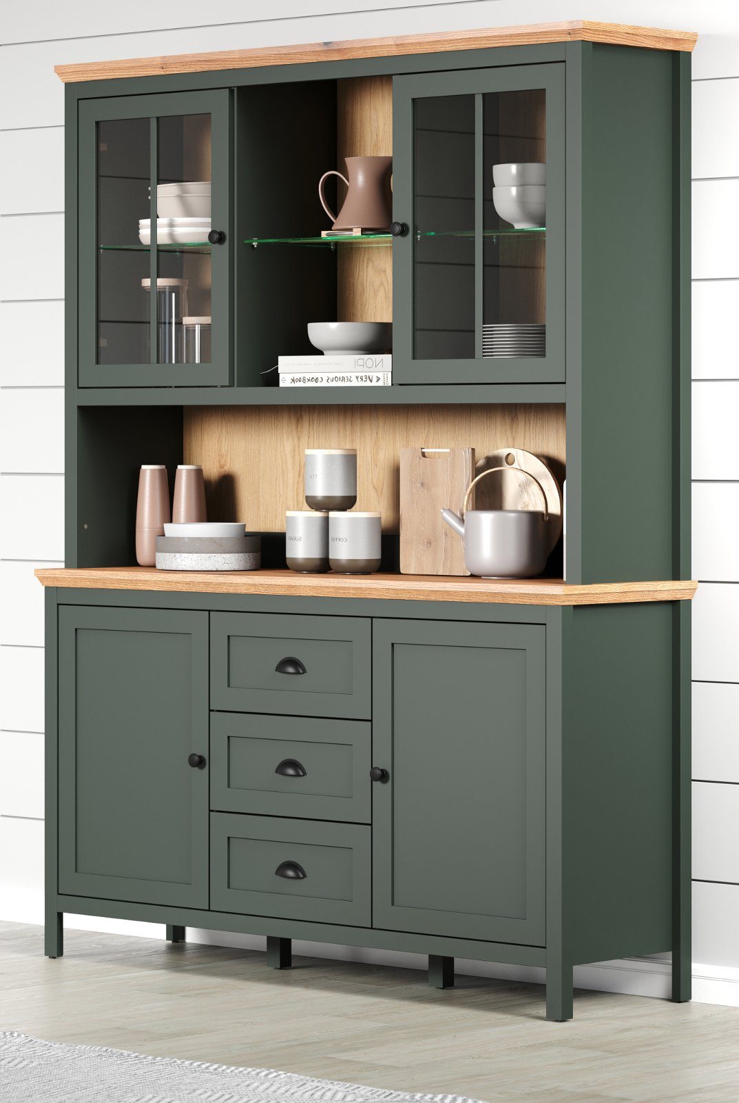 trendteam Buffet Stanton (Buffetschrank in Landhaus grün mit Eiche, 146 x 198 cm) mit LED Beleuchtung