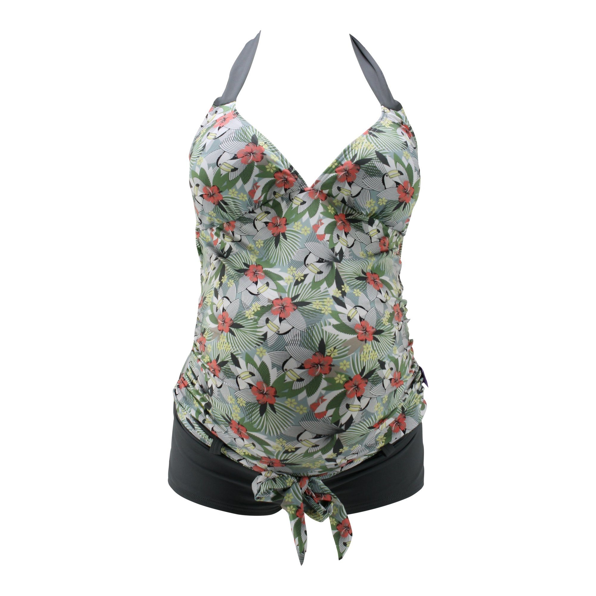 petit amour Umstandstankini TUNKINI (Set, Umstandstankini Top & Slip), Raffinierte Umstandsbademode passend für B/C/D Cups in fröhlich-dezentem Hawaii-Tukan Muster in Pastellfarben abgesetzt mit Trendgrau. Stylisch und bequem, wächst mit, Design made