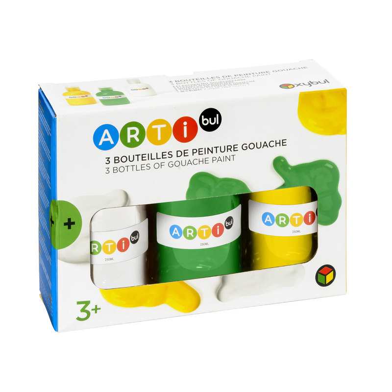 Lot de 3 bouteilles de gouache jaune, vert et blanc Oxybul