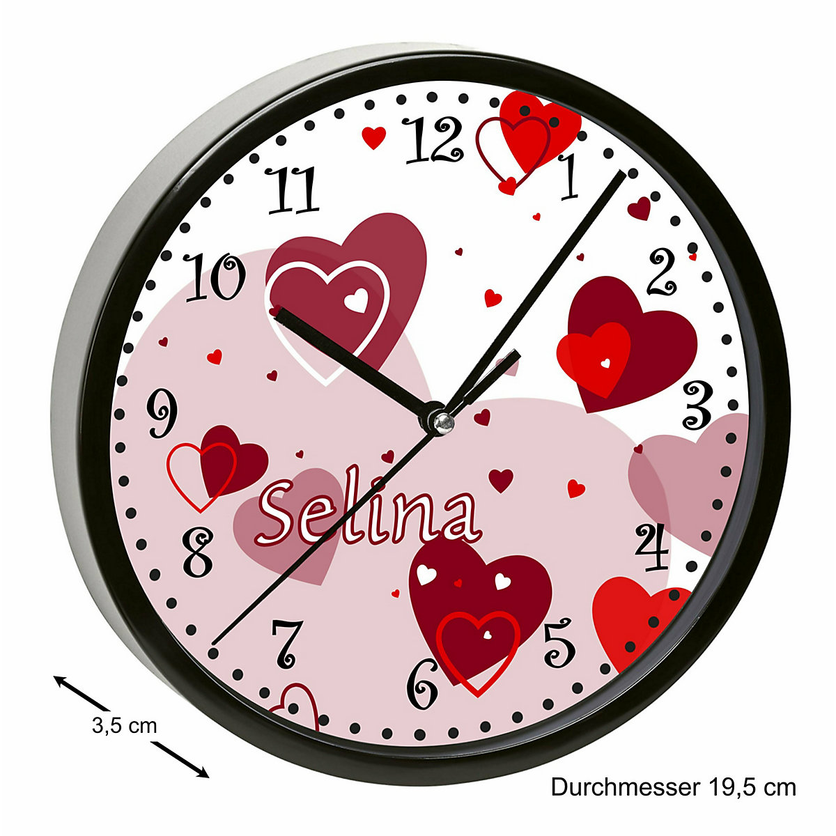 Kinder Wanduhr laufruhig personalisiert mit Name Herz Rot