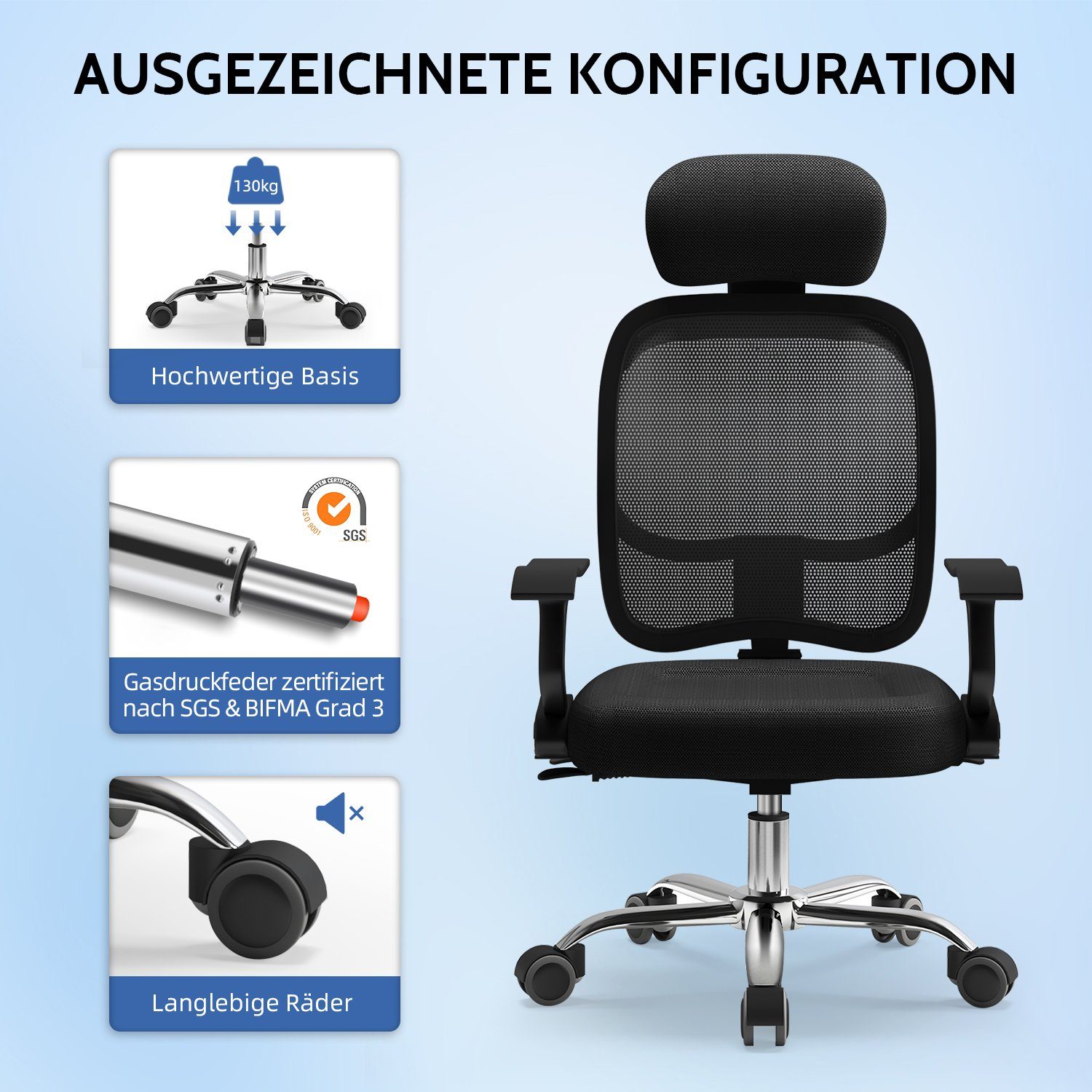 Authmic Bürostuhl Bürostuhl, Drehstuhl, Schreibtischstuhl, Chefsessel, (Bürostuhl ergonomisch mit verstellbarer Armlehnen, Lendenwirbelstutze, Atmungsaktiver Netzstuhl), Wippfunktion von 90° bis 135°, Bürostuhl 150kg