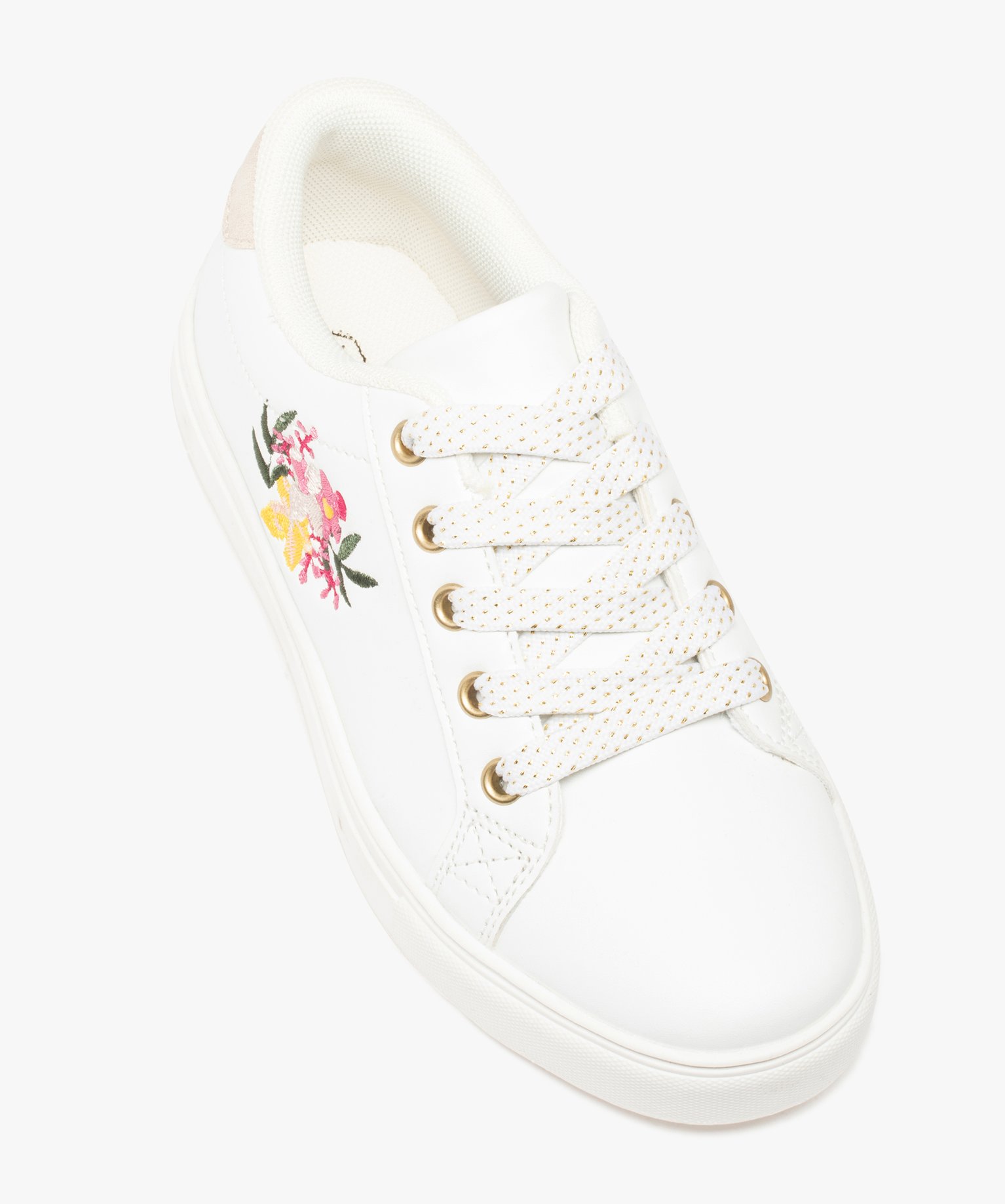 Baskets fille unies brodées fleurs sur le cté blanc | GEMO