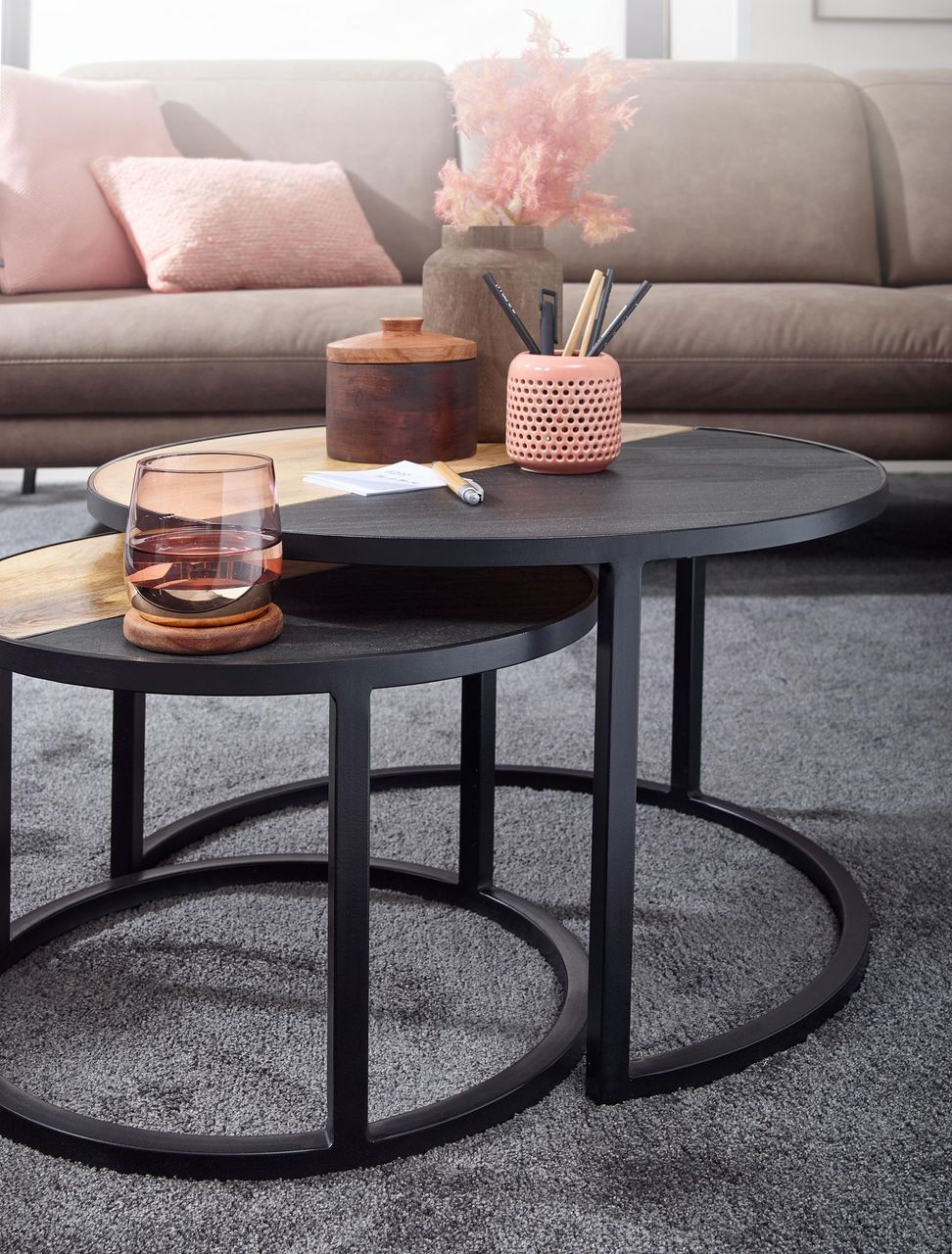 Skyport WOHNLING Couchtisch 2 teilig Wohnzimmertisch Massivholz Rund Beistelltisch Tisch