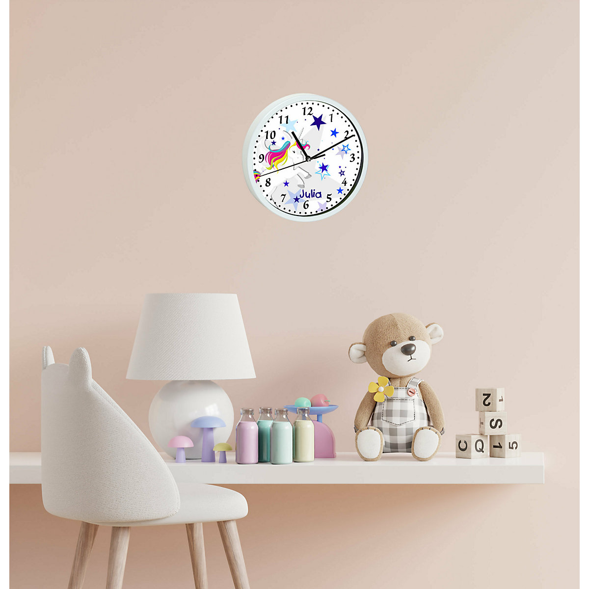 Kinder Wanduhr laufruhig personalisiert mit Name Pegasus Sterne Blau