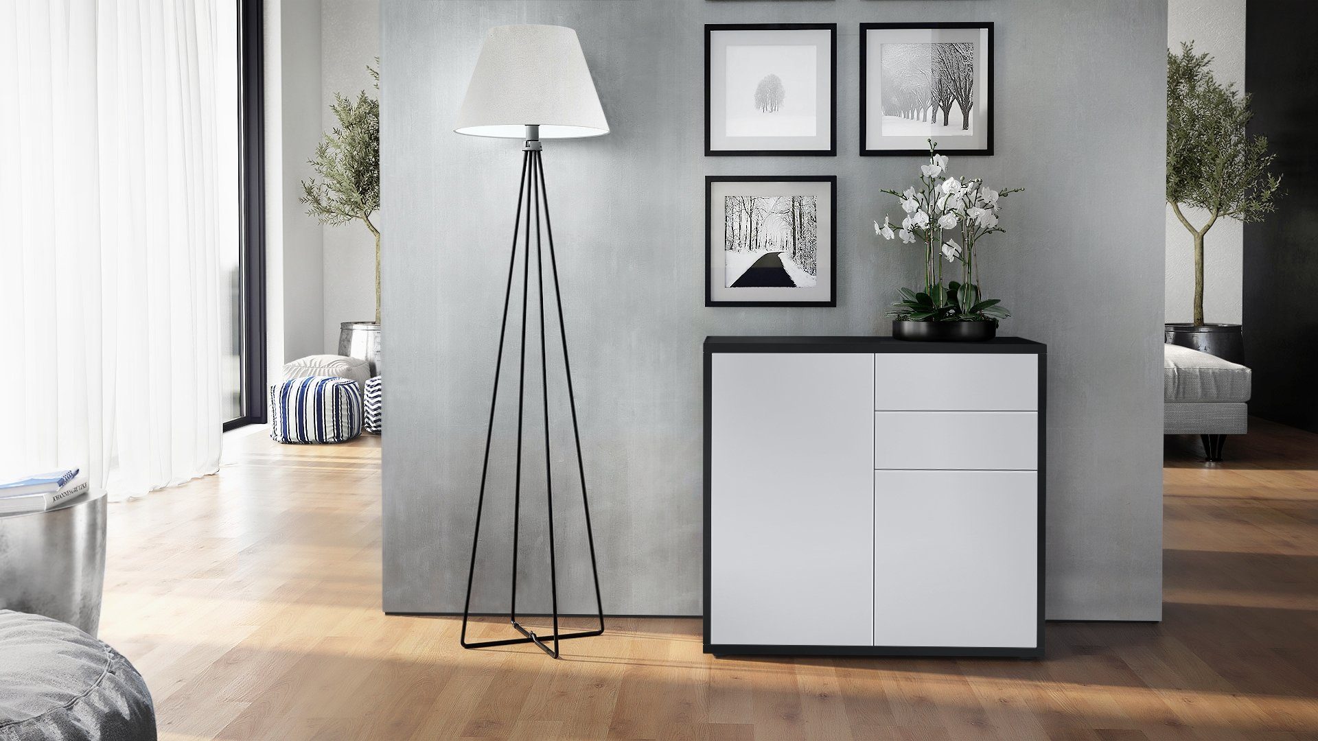 Vladon Kommode Ben (Kommode, mit 2 Türen und 2 Schubladen), Schwarz matt/Weiß matt (79 x 74 x 36 cm)