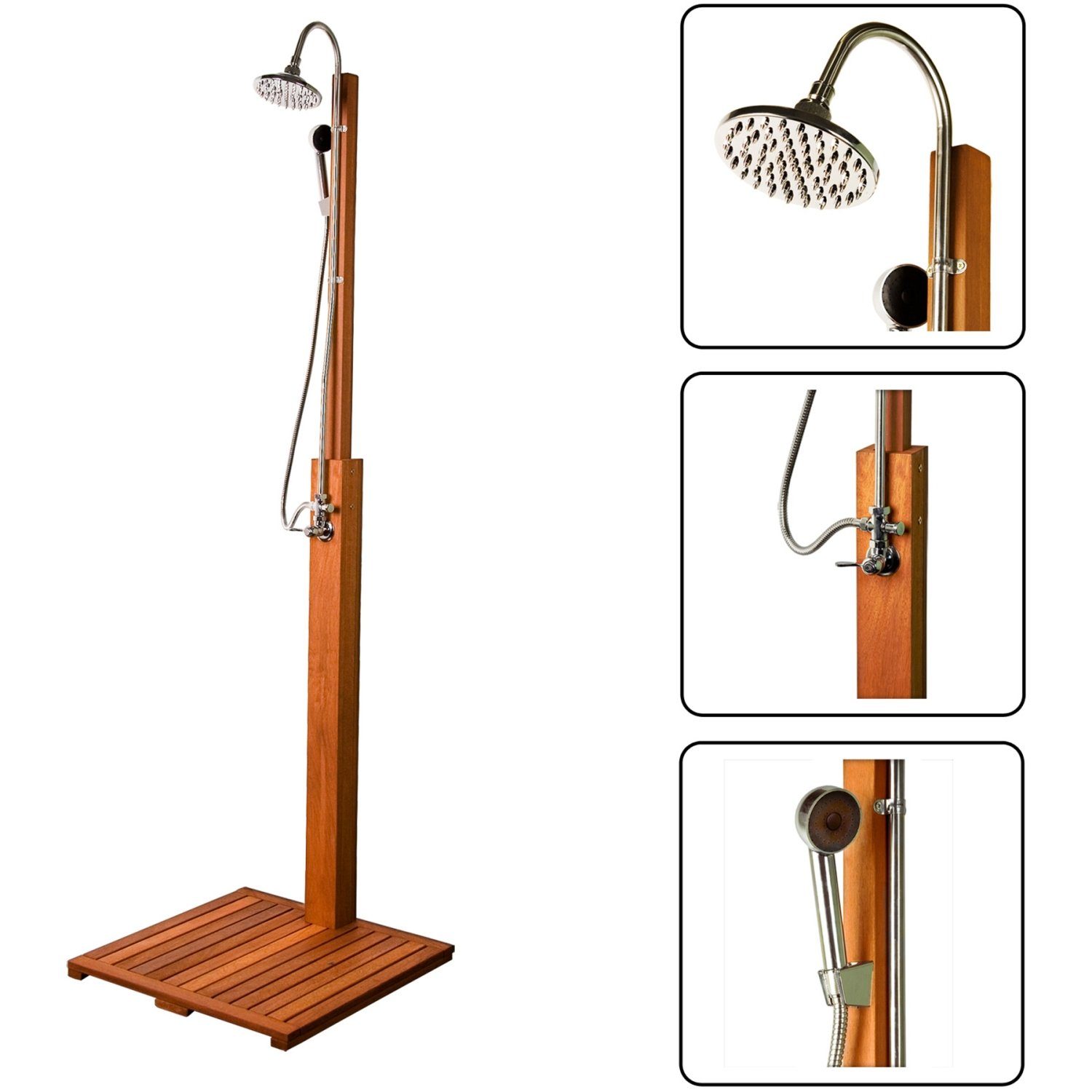 STILISTA Gartendusche Gartendusche Holzdusche Außendusche Pooldusche, FSC®-zertifiziertes Shorea Hartholz, inkl. Brause, 61 x 61 x 210 cm