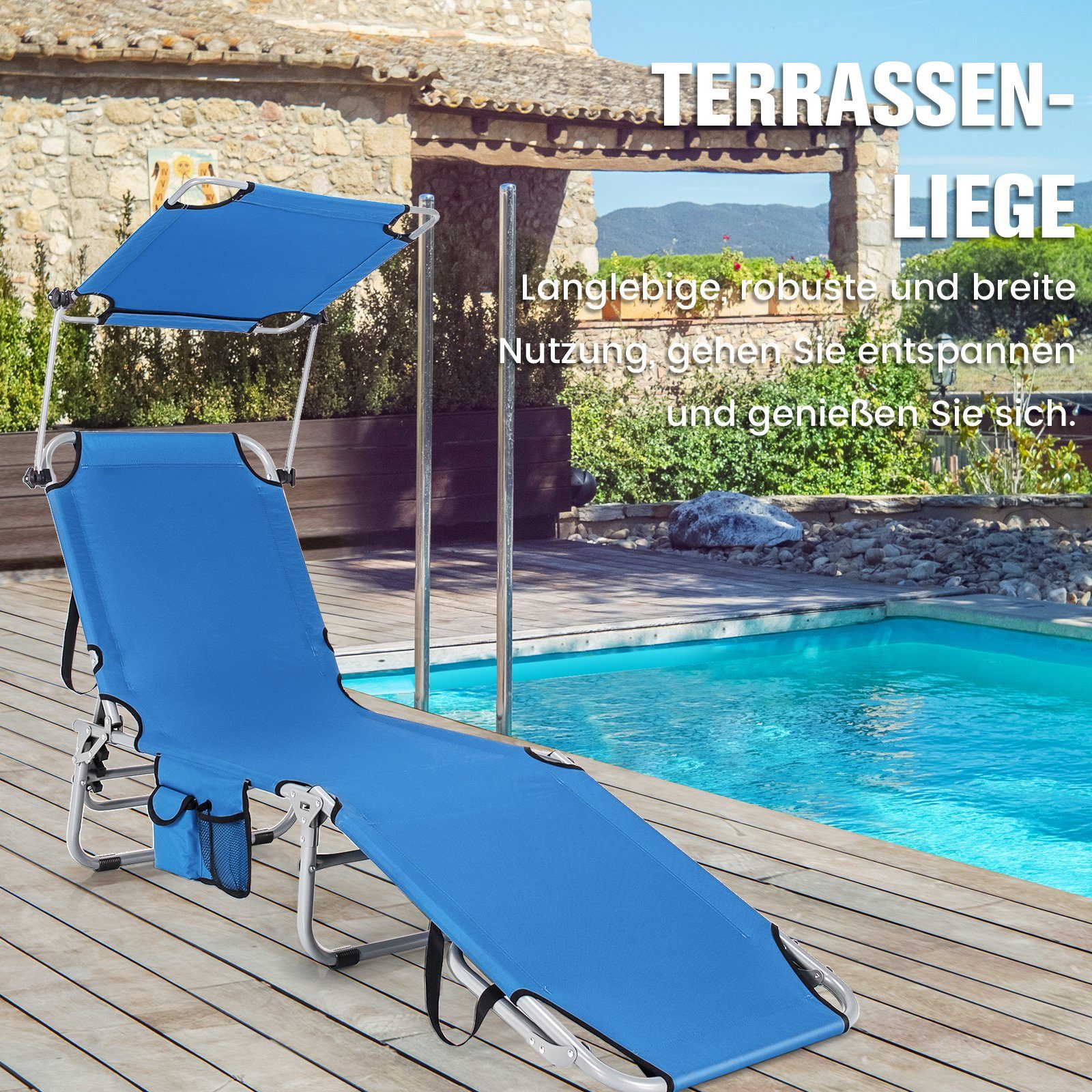 COSTWAY Gartenliege Sonnenliege, mit 5 verstellbaren Rückenlehne & Dach