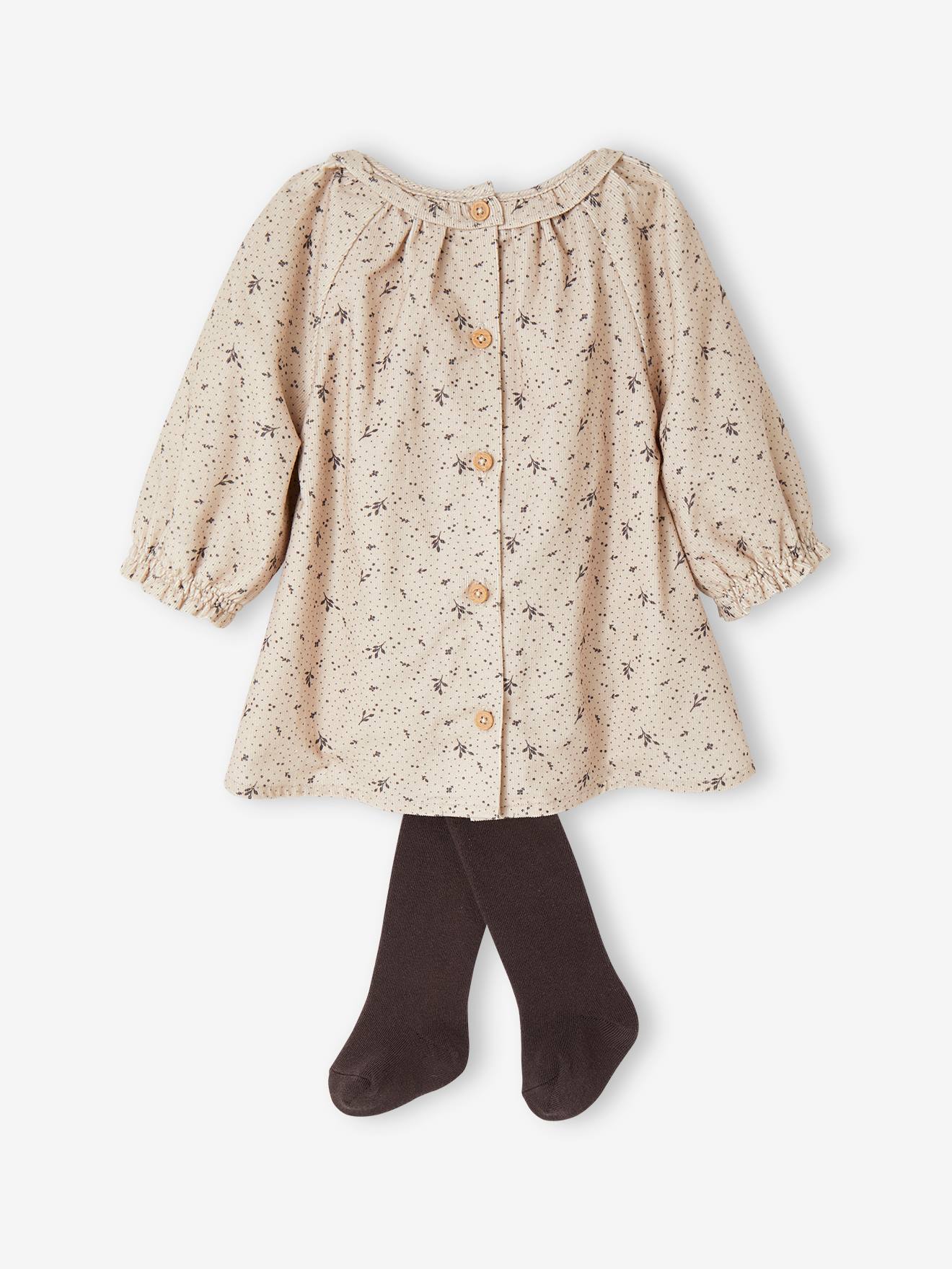 Ensemble naissance robe en velours et collants bébé argile