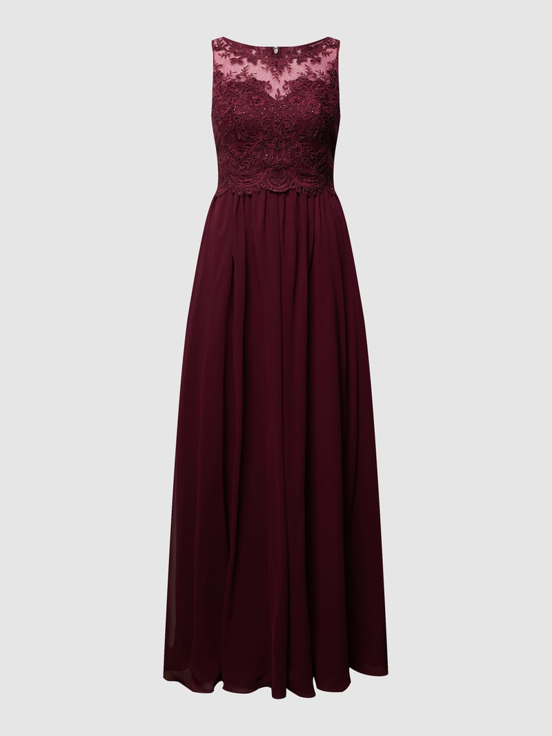 Abendkleid mit Ziersteinen und floralen Stickereien in bordeaux rot