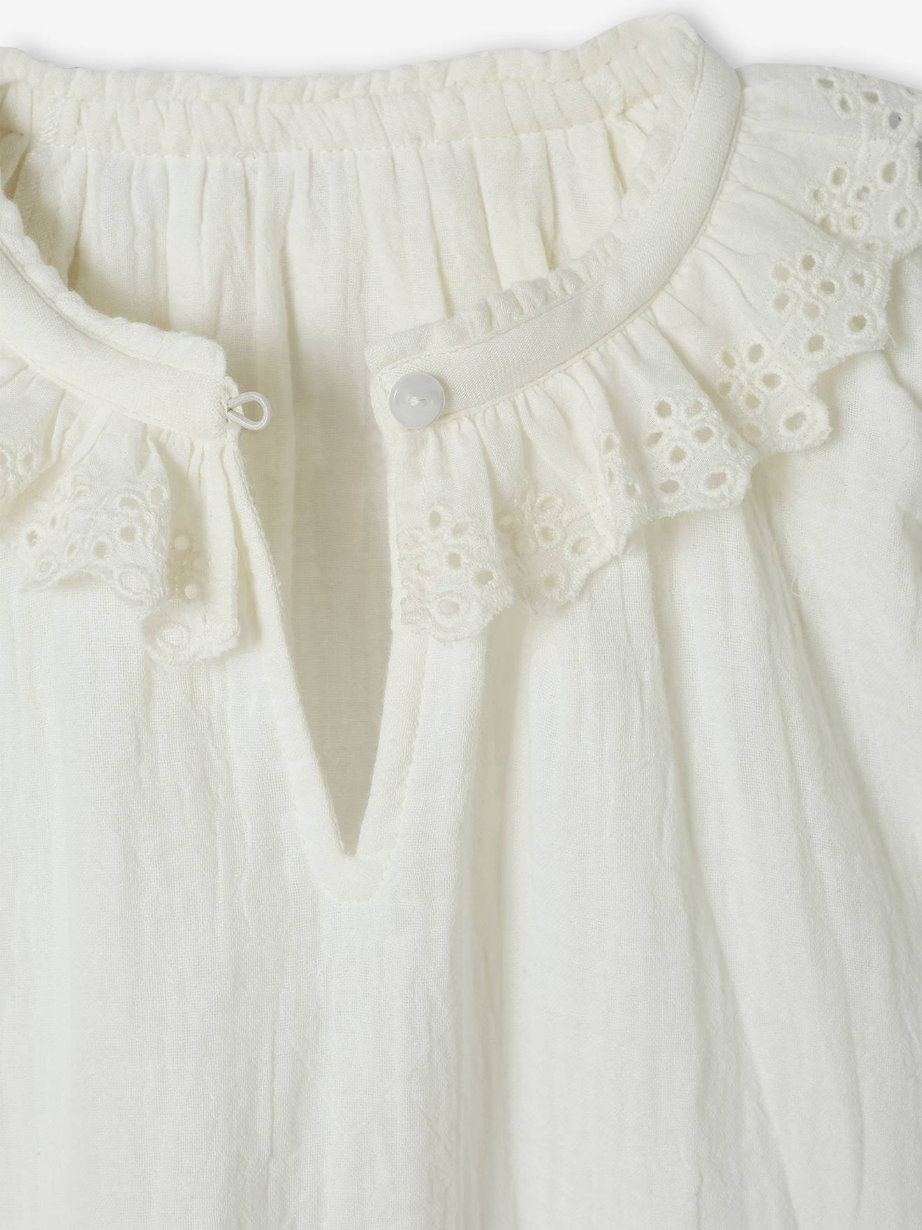 Blouse en gaze de coton fille col en broderie anglaise écru