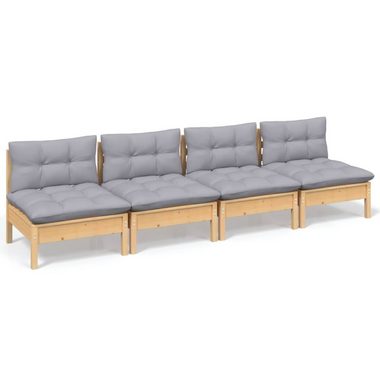 vidaXL Loungesofa 4-Sitzer-Gartensofa mit Grauen Kissen Massivholz Kiefer, 1 Teile