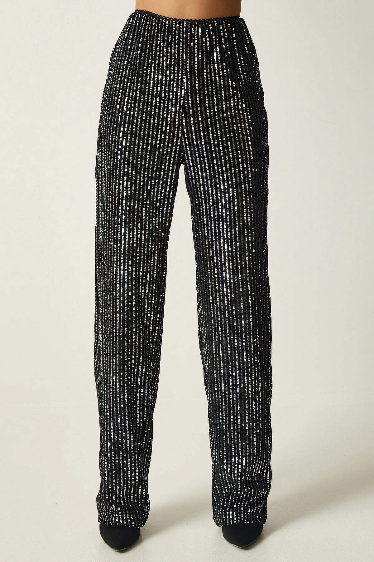 Happiness İstanbul  Graue Palazzo-Hose mit Pailletten für Damen MC00250