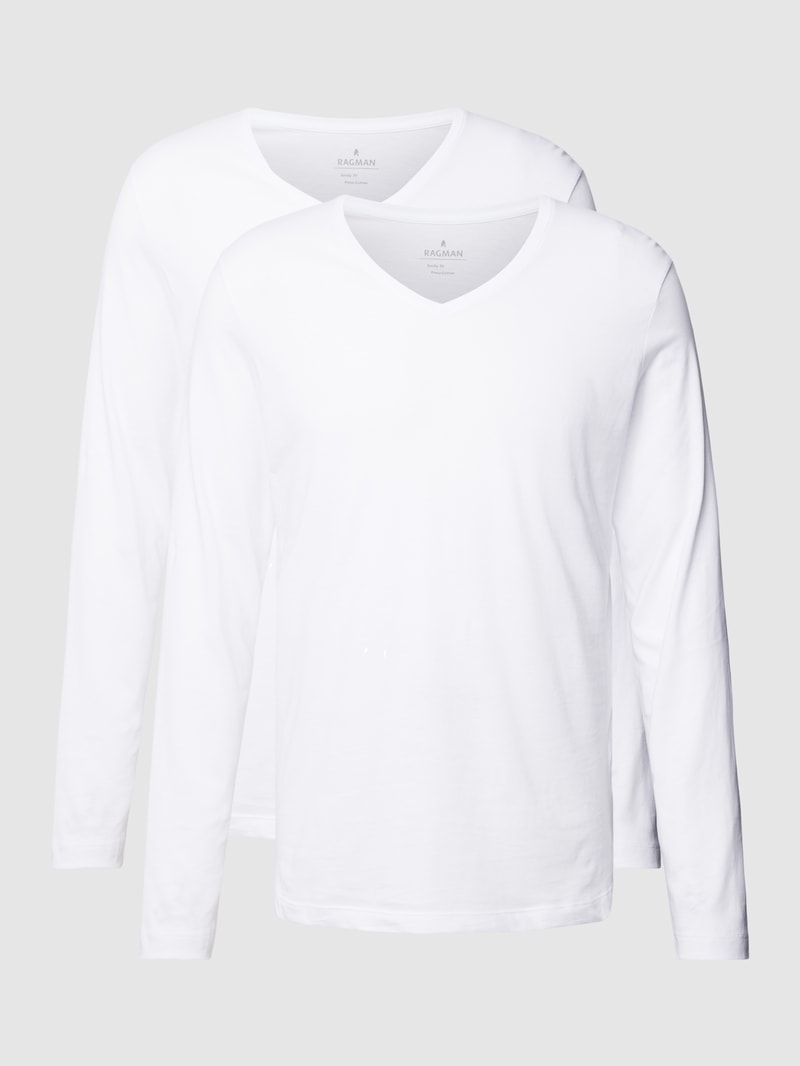 Longsleeve aus Baumwolle mit V-Ausschnitt im 2er-Pack in weiß