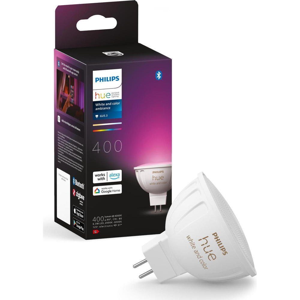 Philips Hue LED-Leuchtmittel White & Color Ambiance LED Lampe GU5,3 Reflektor - MR16 6,3W 400lm, n.v, warmweiss