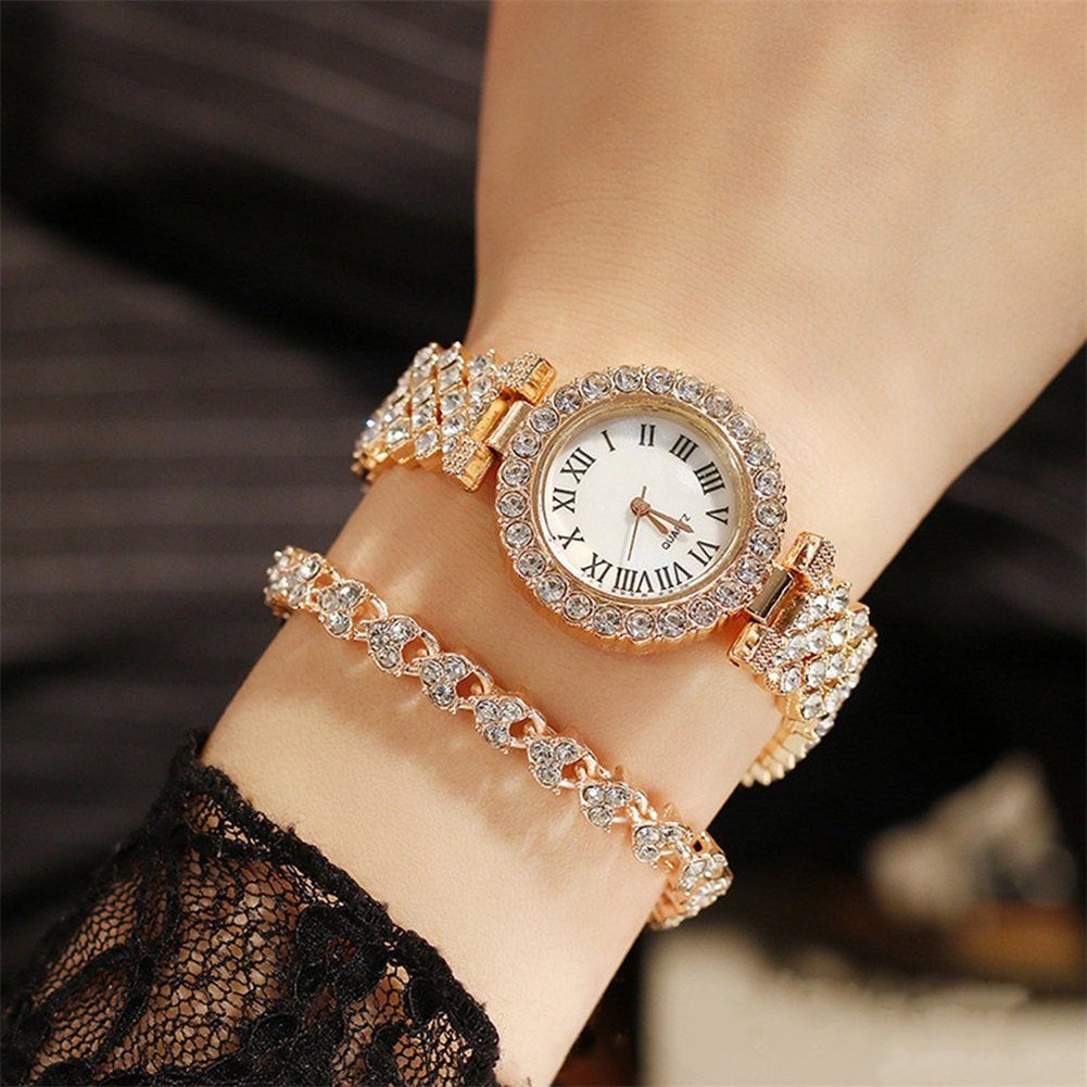 Rutaqian Quarzuhr Quarzuhr Damen Armbanduhr Set Strasssteine Uhr Geschenke Für Frauen, (set, mit Armband, mit Schmuckarmband), mit einem Strassarmband