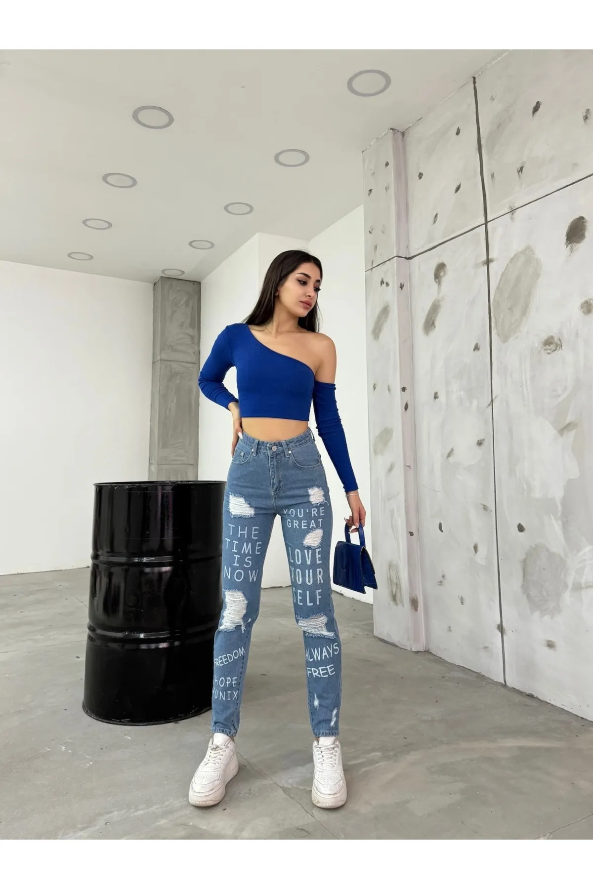 BİKELİFE  Blaue, zerrissene, detaillierte Mom-Damenjeans mit hoher Taille