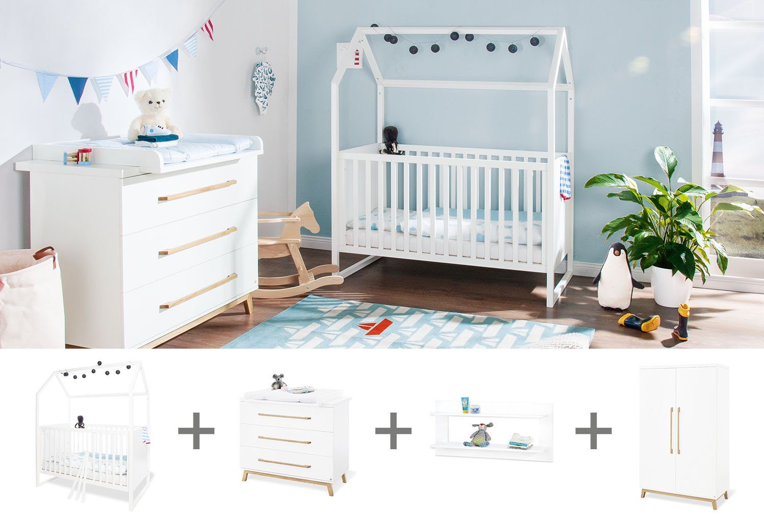 Pinolino® Babyzimmer-Komplettset Hilda & Riva, (Set, 4-St., Hausbett, Wickelkommode, Kleiderschrank, Wandregal), breit; Hausbett, Wickelkommode breit, 2-trg. Kleiderschrank & Wandrgal