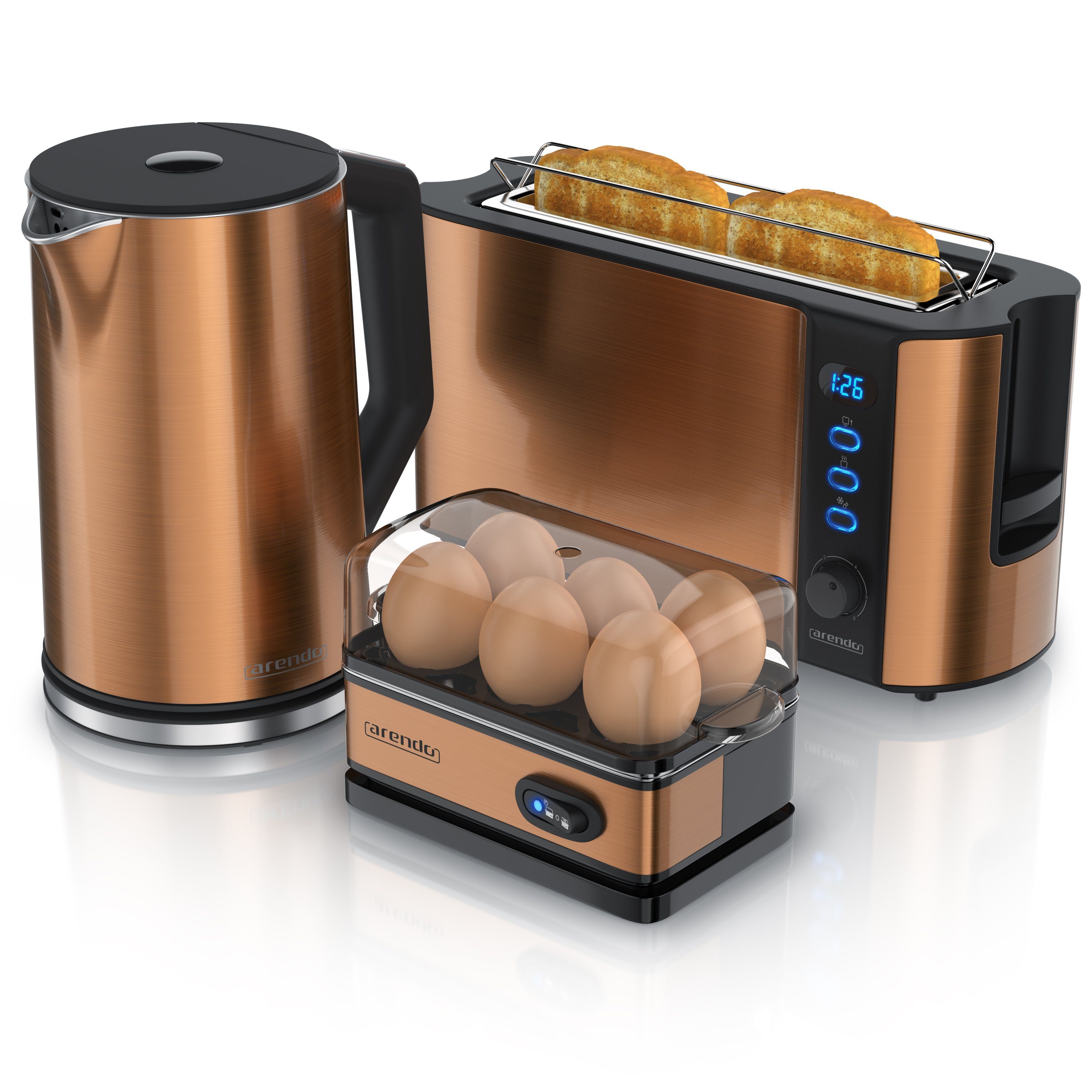 Arendo Frühstücks-Set (3-tlg), Wasserkocher 1,5l, 2-Scheiben Toaster, 6er Eierkocher, Kupfer