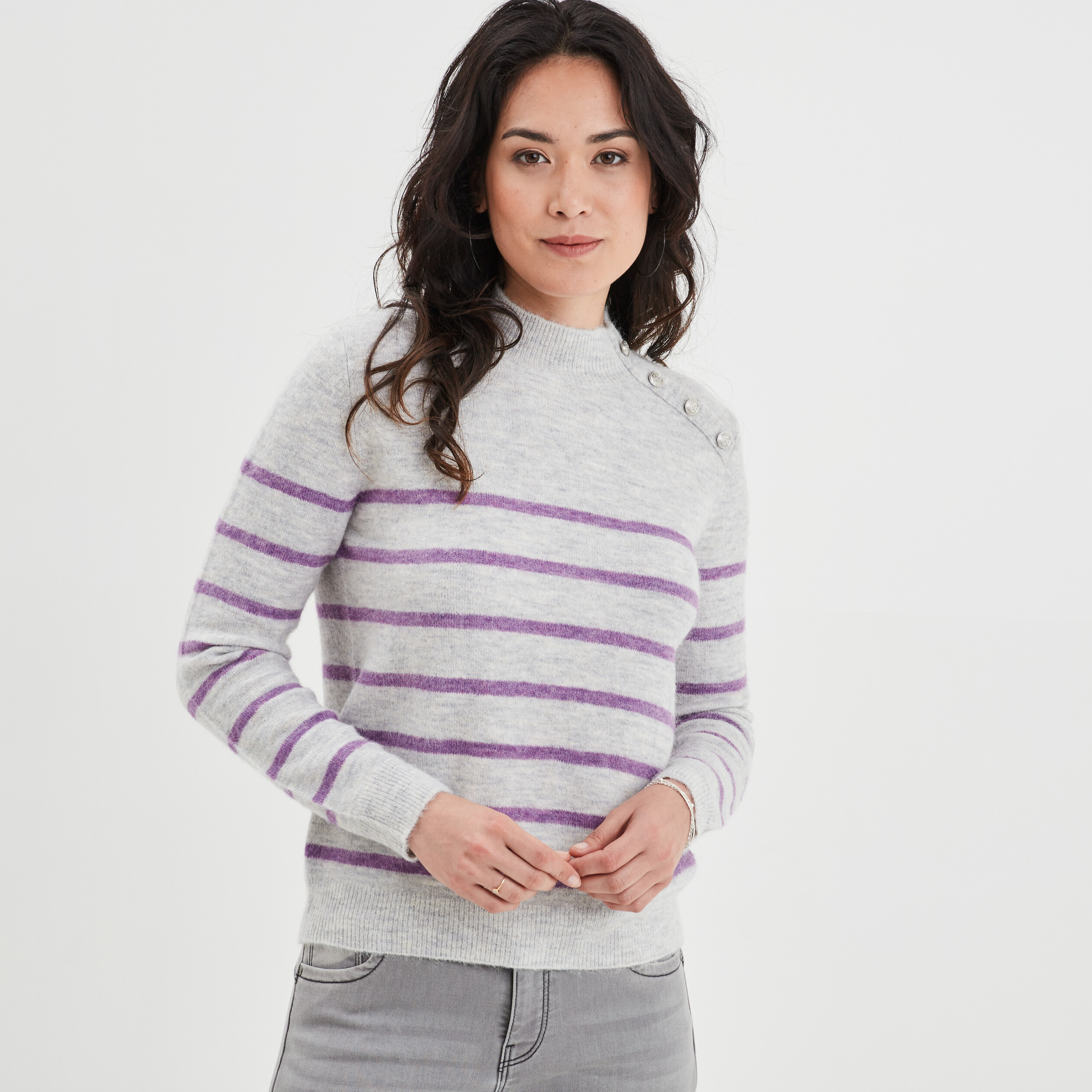 Pull marinière boutons à l'épaule gris clair femme | La Halle
