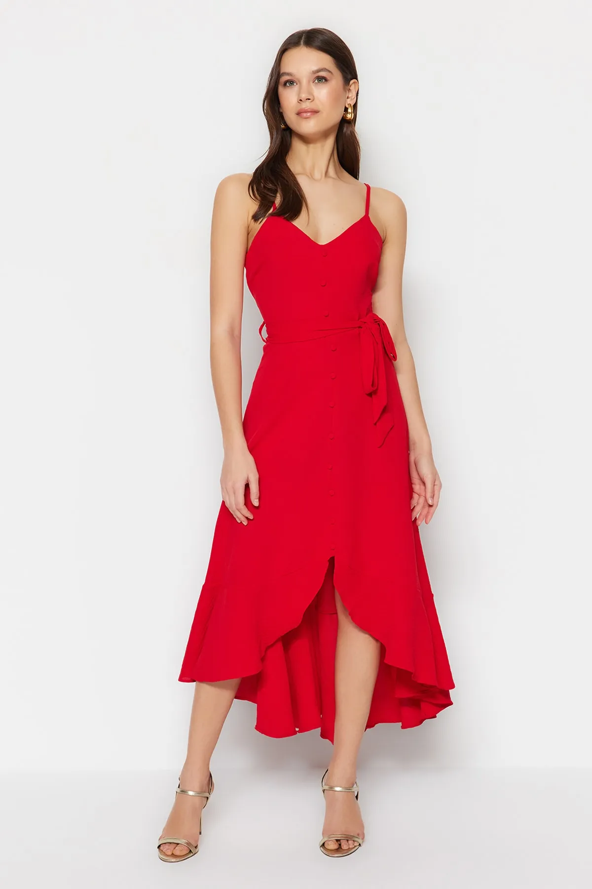 Trendyol Collection  Rotes, gewebtes Maxikleid in A-Linie/Glockenform mit Volant und Gürtel TWOSS23EL02271