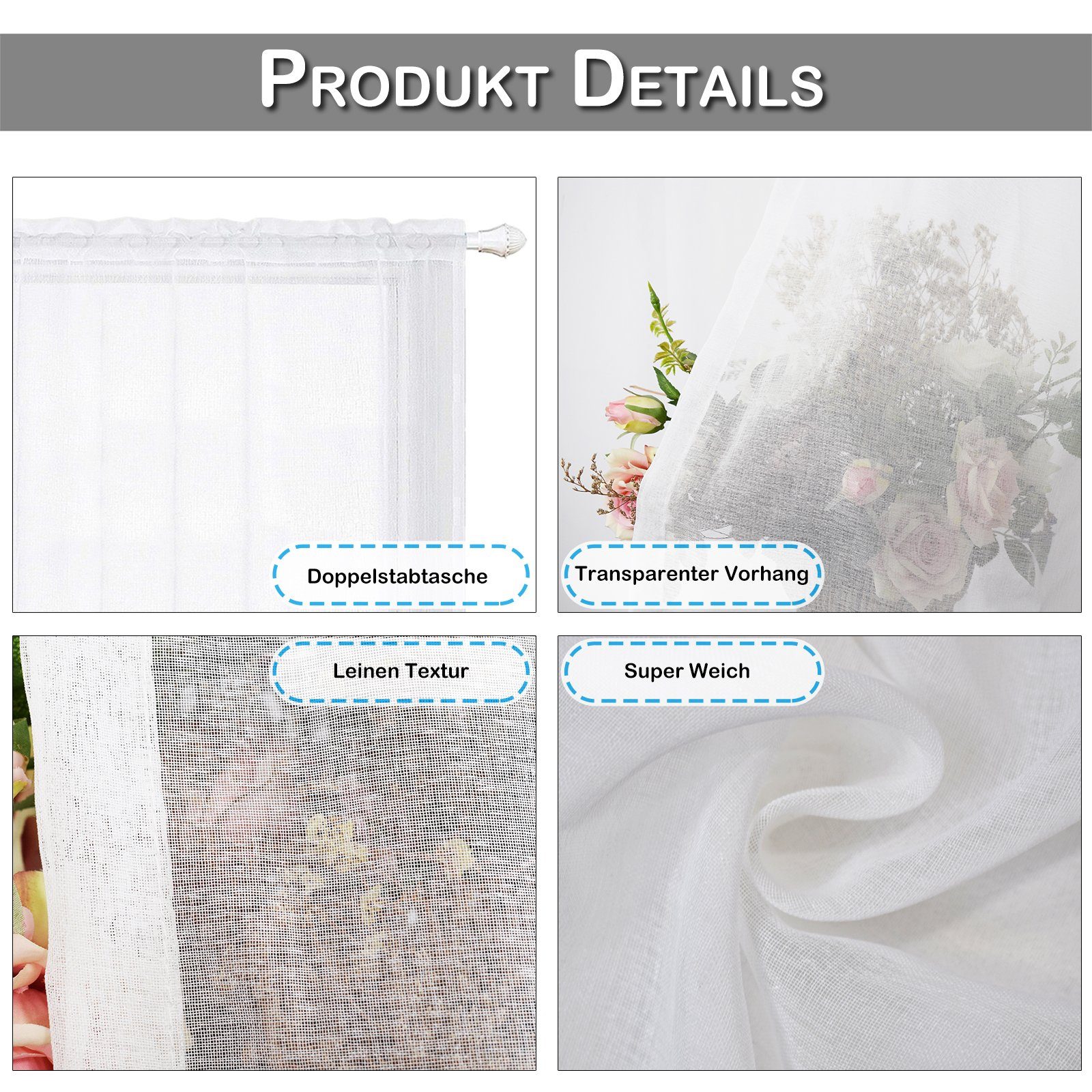 Schiebegardine Kurzgardine Wasserdicht, Transparent Bistrogardine, Scheibengardine, Sunicol, (2 St), Kurze Gardine, Voile Vorhange, Küche Fenstervorhang, 2 er Set
