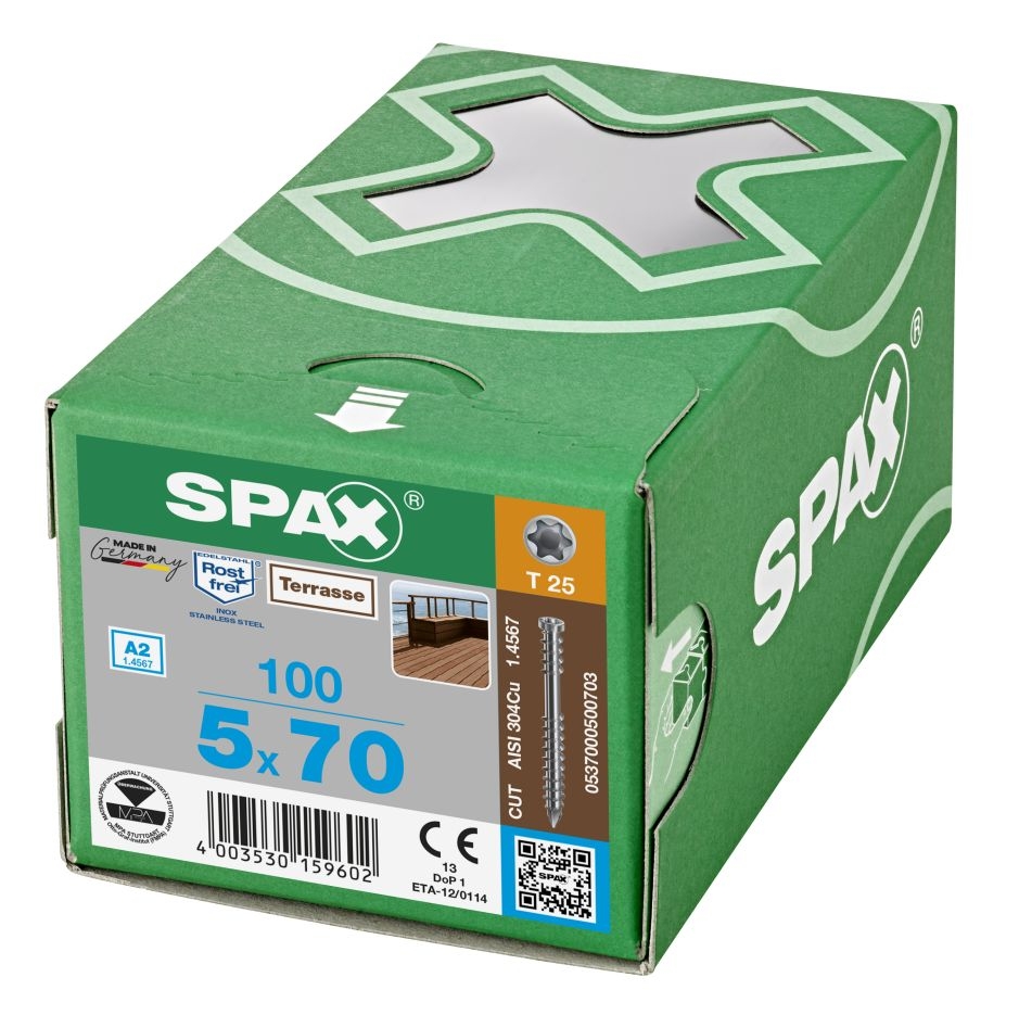 SPAX 0537000500703 Terrassenschraube 5 x 70 mm, Befestigungsgewinde, Zylinderkopf, T-STAR plus T25, Schnittpunkt – 100 Stück