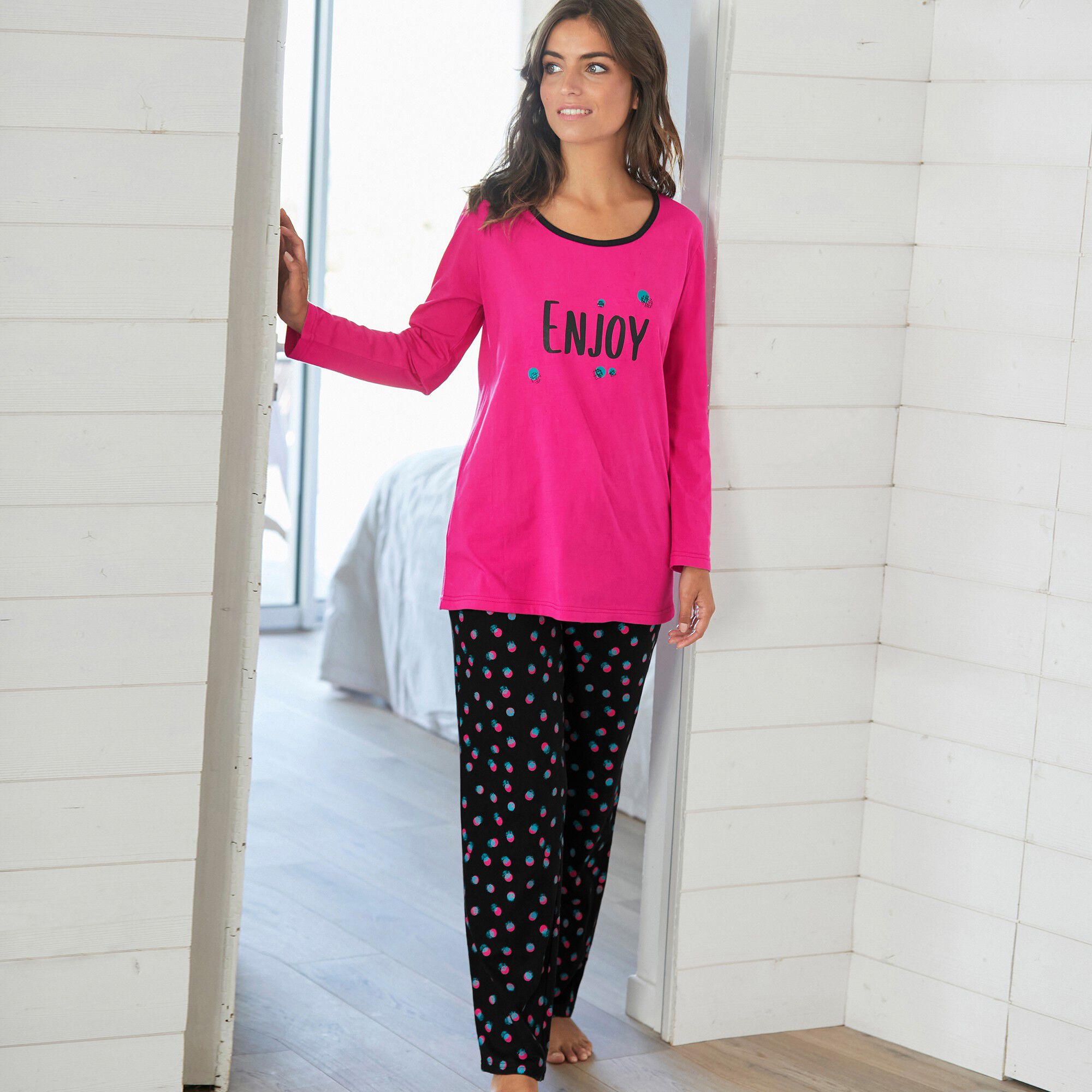 Tee-shirt manches longues coton uni imprimé placé 