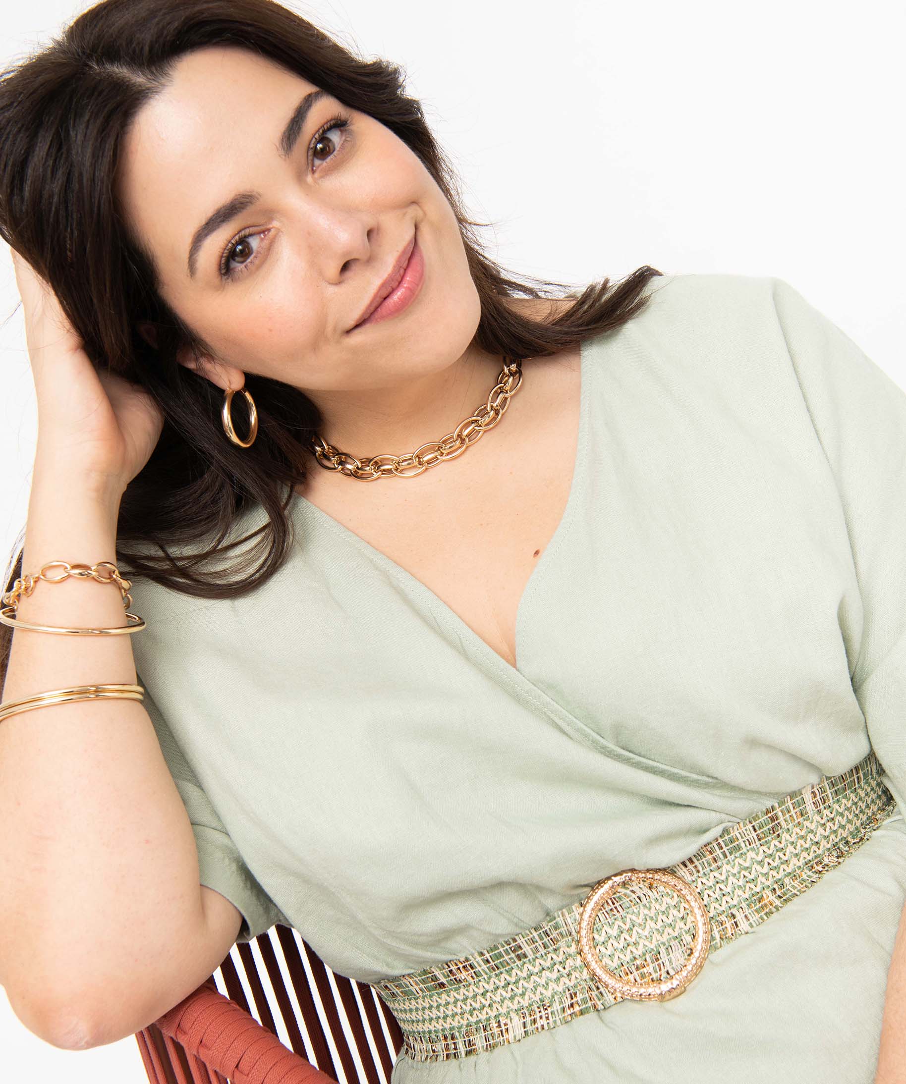 Robe femme grande taille en lin mélangé à col cache-cur beige | GEMO