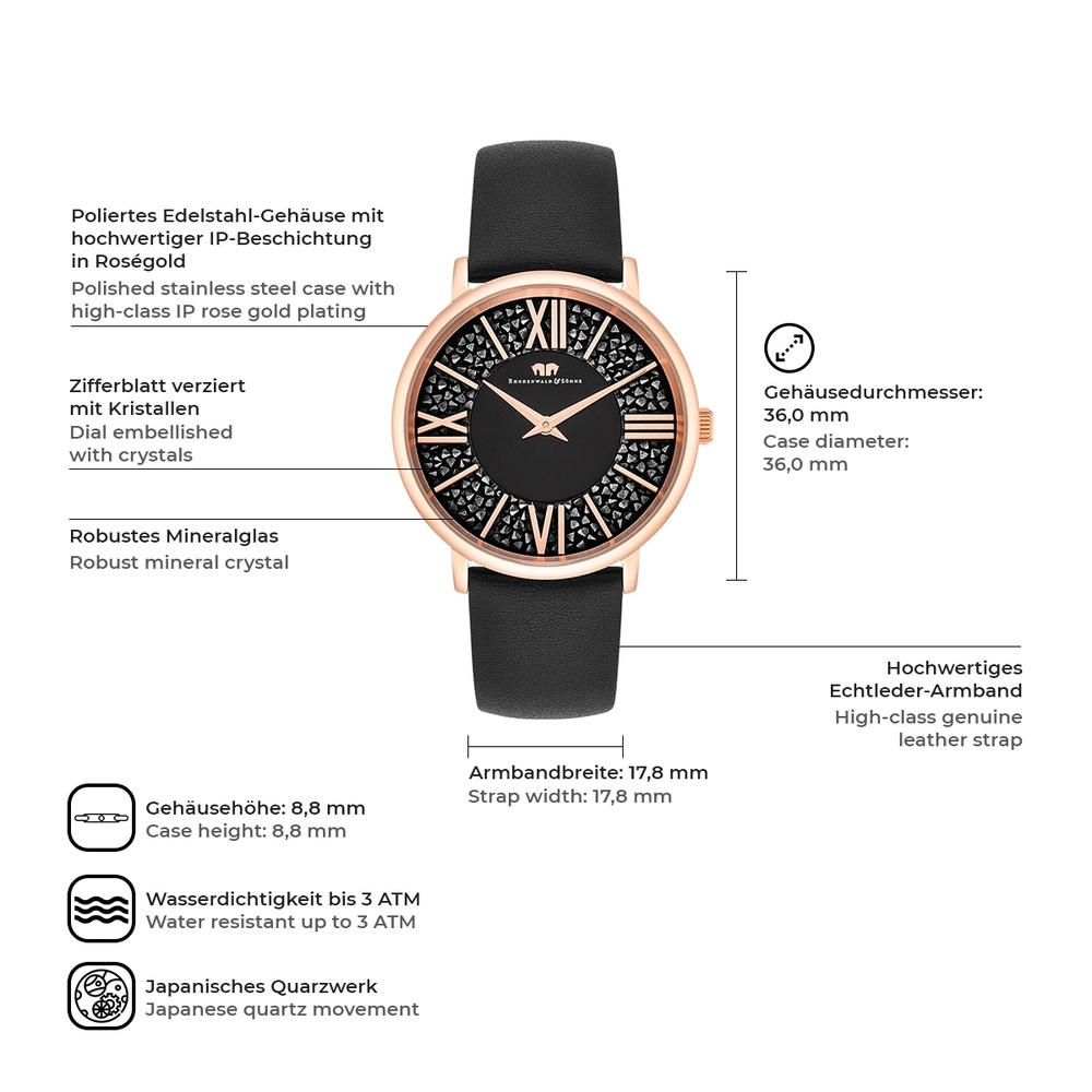 Rhodenwald & Söhne Montre à quartz Pamina en Or rose Cuir véritable en Noir Montre