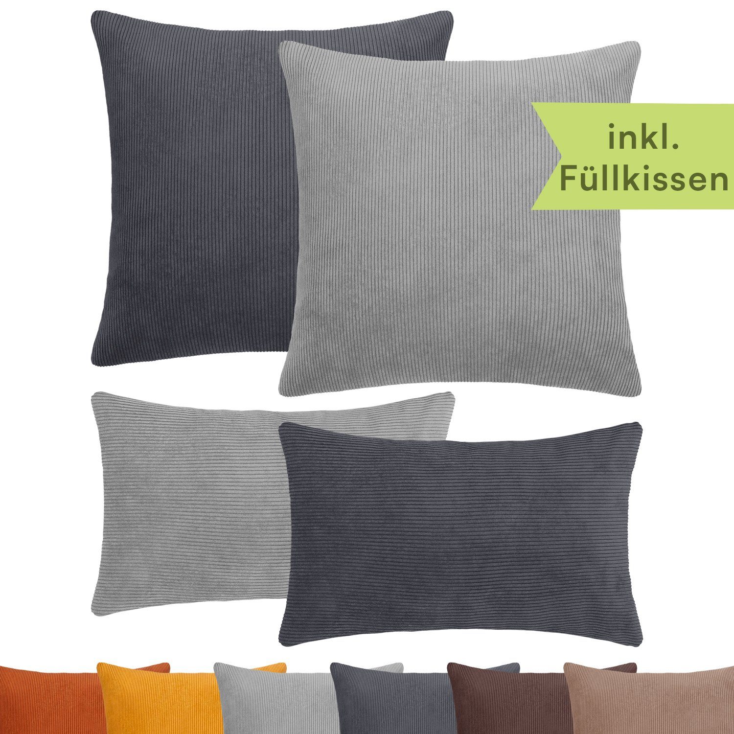 Selfitex Dekokissen 4er Set Cord Kissen 2x 50/50 + 2x 30/50, mit Füllung und Bezug, für Sofa, Couch, Bett oder als Polster jeglicher Art