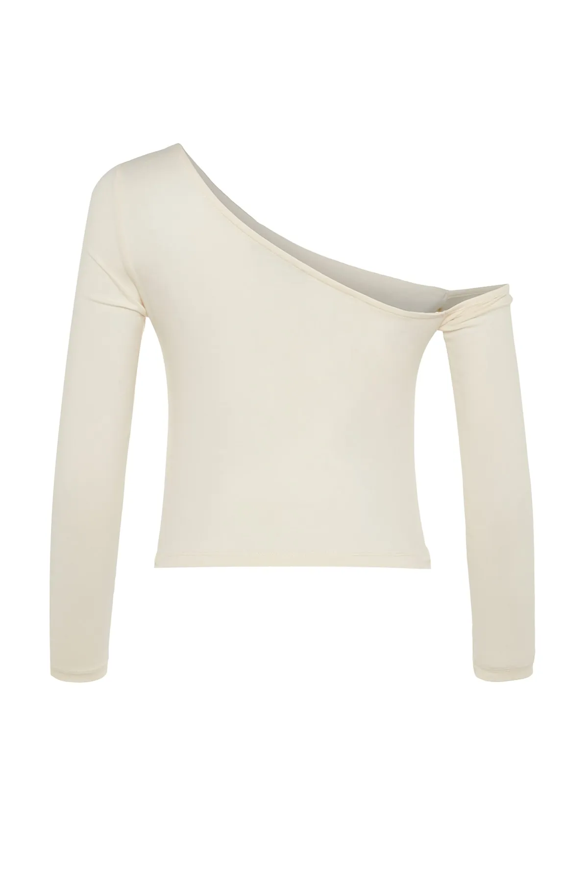 Trendyol Collection  Eng anliegende, kurz geschnittene Strickbluse aus Baumwollstretch mit One-Shoulder-Träger in Stone TWOAW24BZ00099
