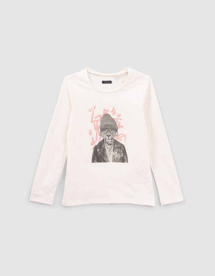 T-shirt écru visuel léopard fond tag pailleté fille